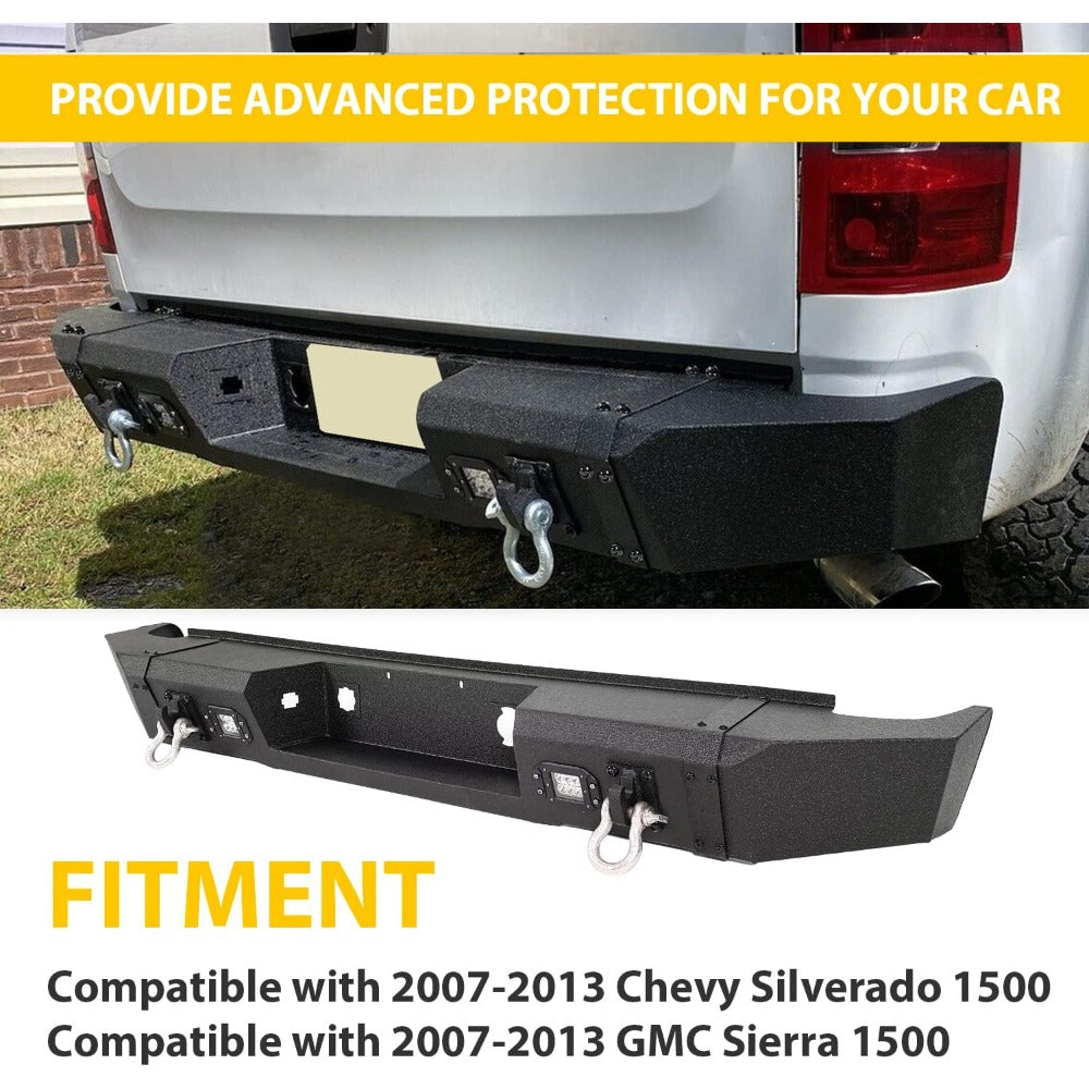 Rear Bumper Compatible with 2007-2013 Chevy Chevrolet S Series GMC Sierra 1500 W2 LED Lights D-rings Powder Coated Steel Black