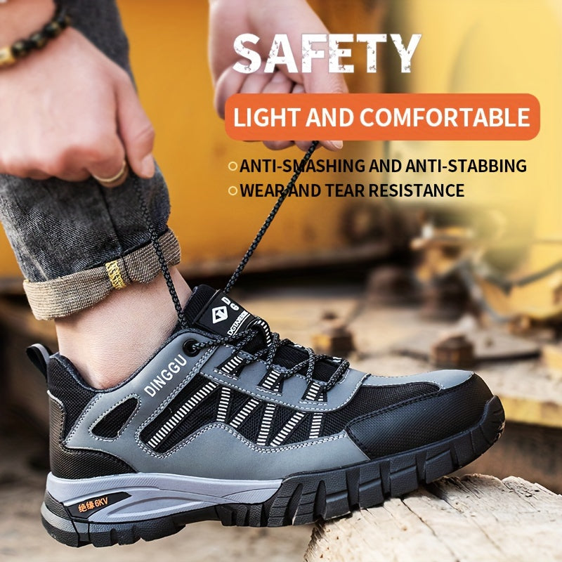 Men's Puncture-proof And Anti-slip Steel Toe Outdoor Rubber Soles Breathable Industrial Building Protective Shoes Deodorizing Soft-soled Labor Lightweight Flying Woven Men's Wear-resistant Lace Men's Anti-slip Kevlar Soft-sol