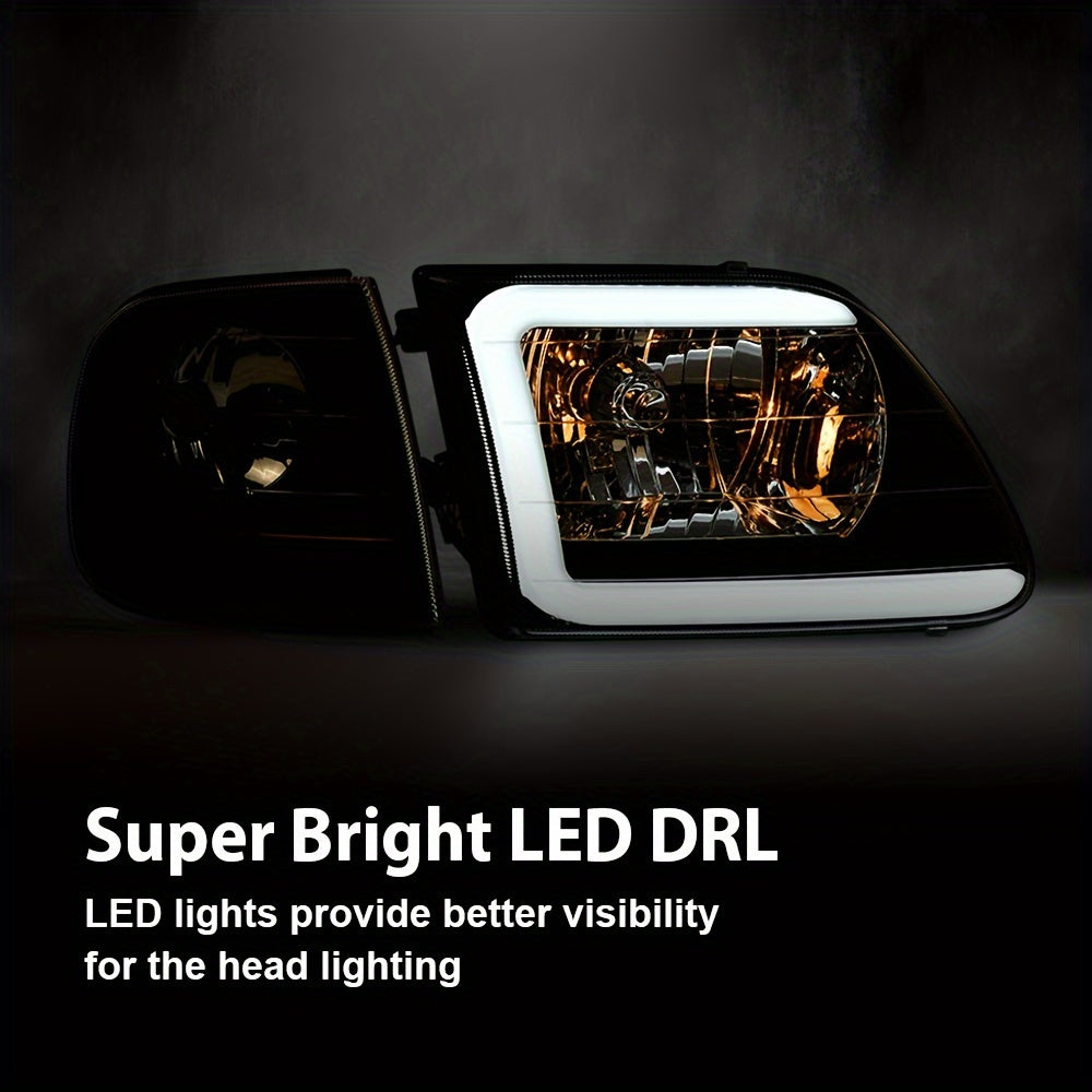 LED DRL Headlights & Corner Lights Fit For Ford For F-150 For Expedition 1997-2004 Clear Lens Black Housing Amber Reflector