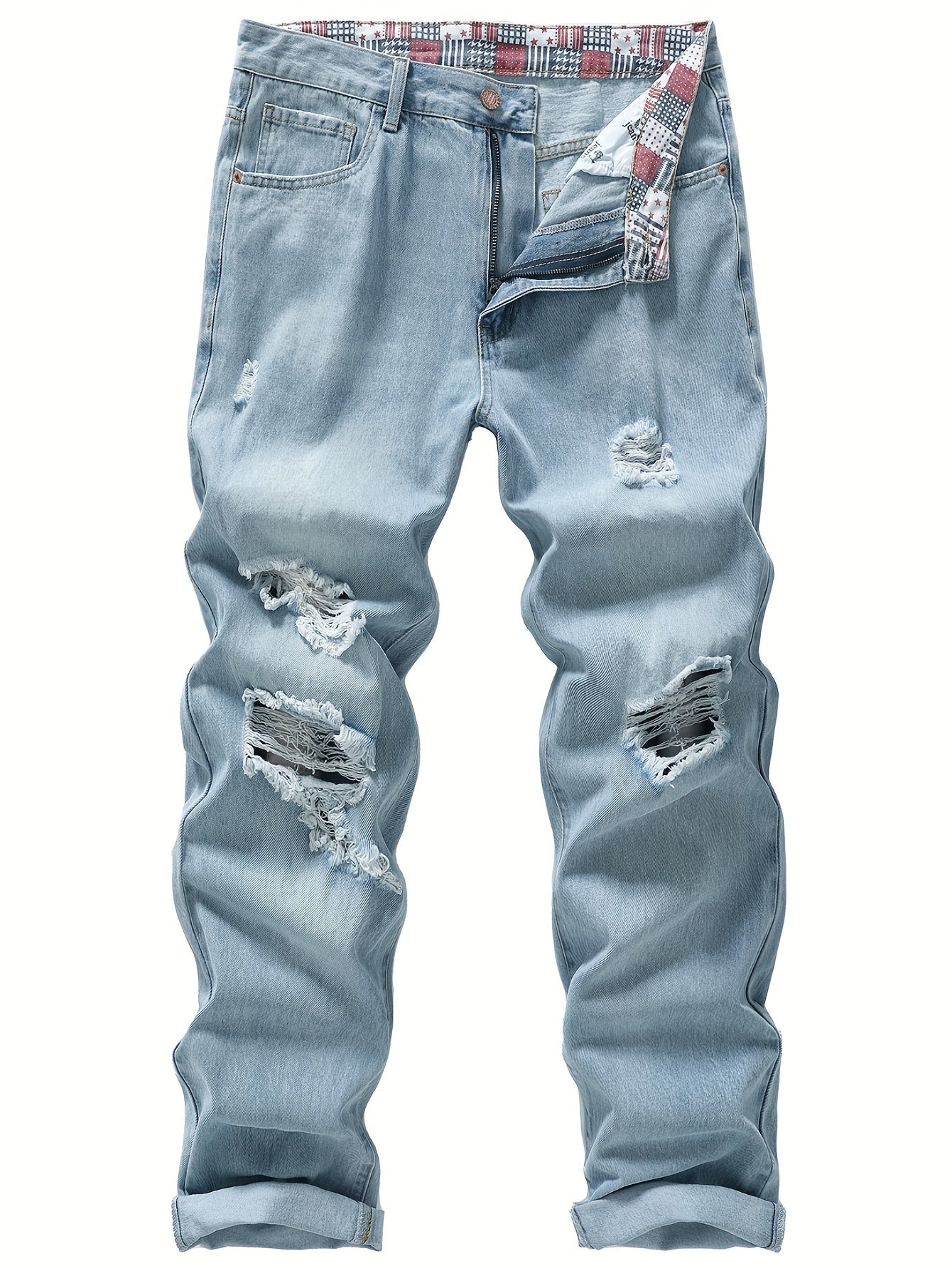 Men's Non-Stretch Ripped Regular Fit Straight-Leg Denim Pants Jeans