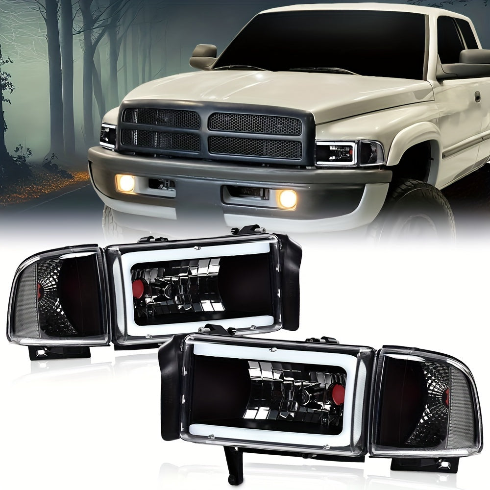 LED Light Strip Headlight W/o Bulbs Fit For Dodge For Ram 1500 1994-2001 For Dodge For Ram 2500 For 3500 1994-2002 Clear Lens Black Housing Clear Reflector