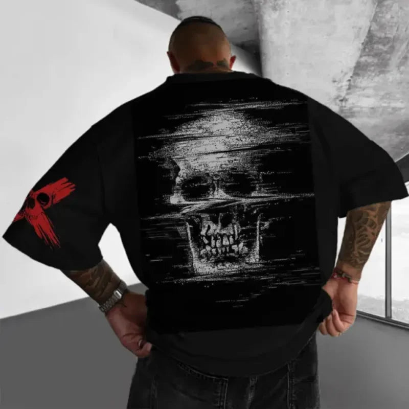 New Y2K Style Skull Metal Print Harajuku Retro Street Style Men's T-shirt Printed Casual Round Neck Short Sleeved T-shirt