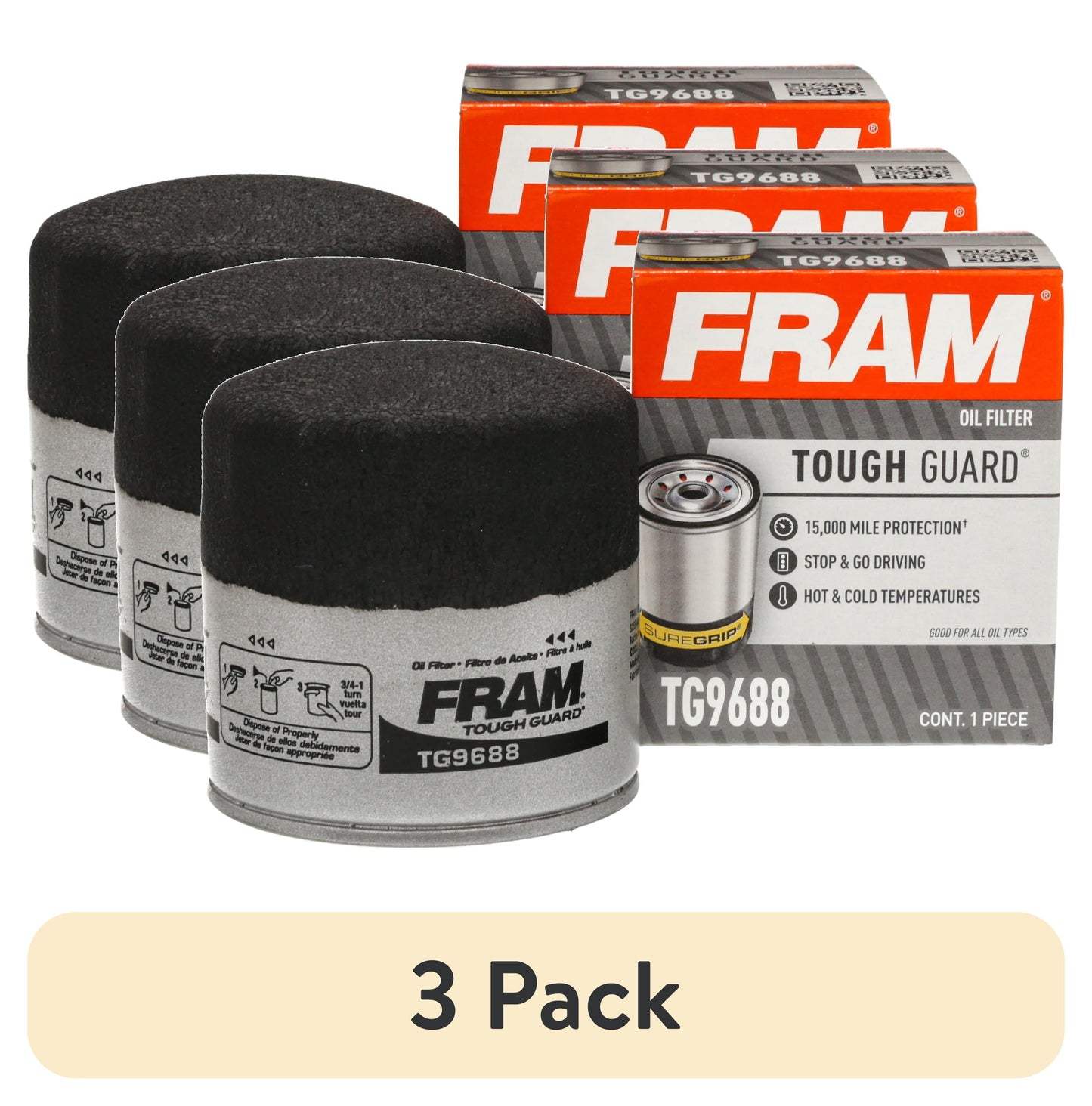 (3 Pack) Tough Guard 15,000 Mile Oil Filter, TG9688 Fits Select: 2012-2023 HYUNDAI ELANTRA, 1990-2019 HYUNDAI SONATA