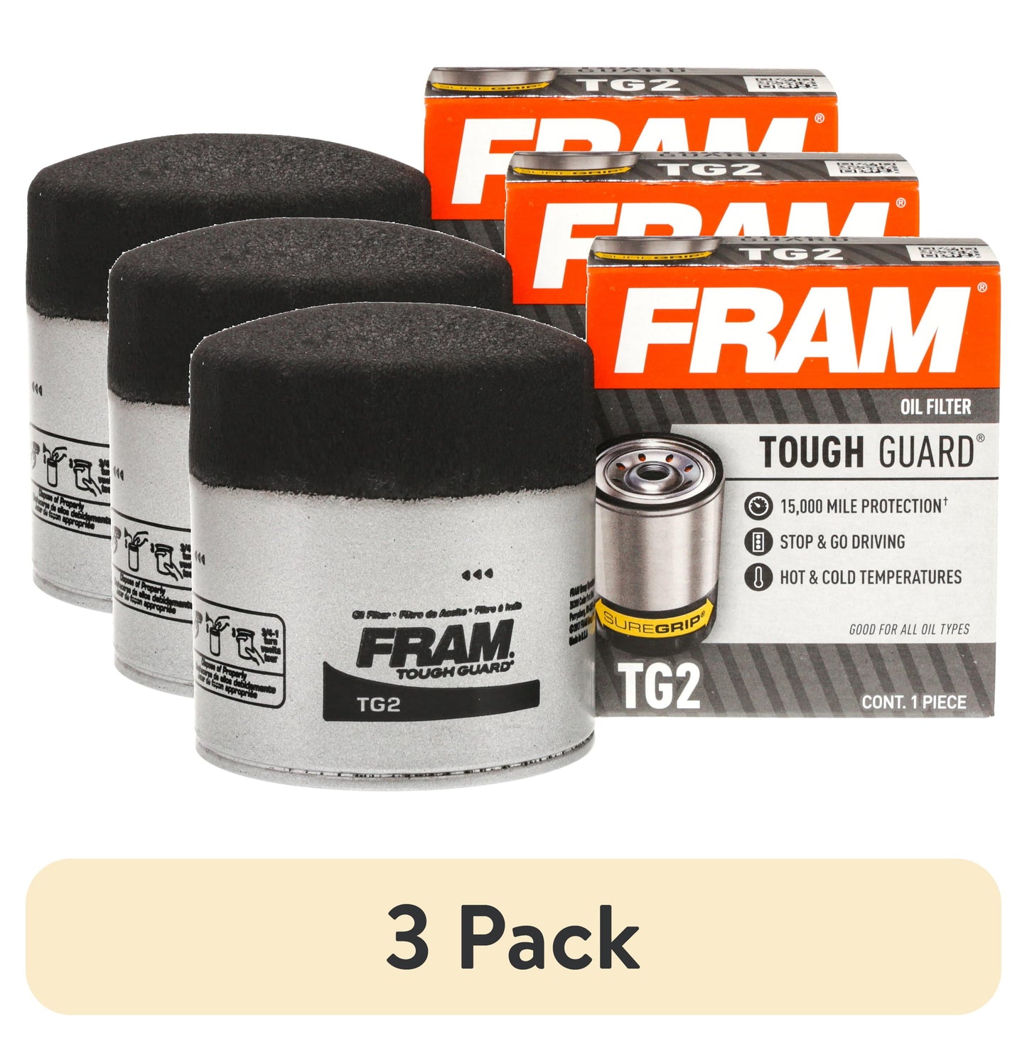 (3 Pack) Tough Guard Oil Filter, TG2, 15,000 Mile Replacement Oil Filter Fits Select: 1993-2014 FORD F150, 2008-2012 DODGE RAM 1500