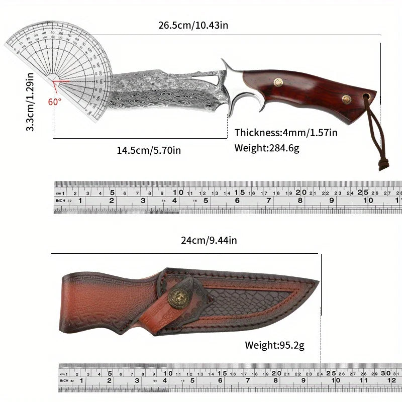 Damascus advanced straight knife, fixed blade, wooden handle and leather scabbard, easy to carry, fast cutting, loved by men