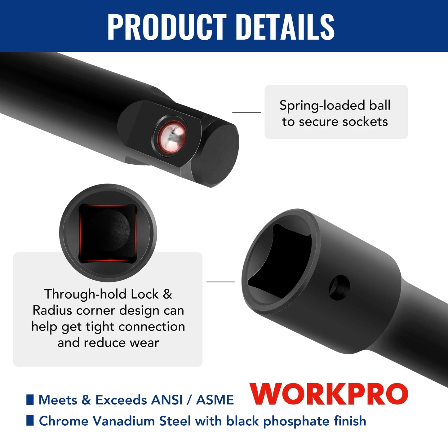 WORKPRO 18Pieces Drive Tool Accessory Set Includes Socket Adapters Socket Extension Bar Swivel Universal Joints Impact Coupler