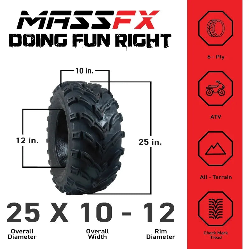 Set of 4 New ATV/UTV Tires 2 of 25x8-12 Front and 2 of 25x10-12 Rear /6PR P377