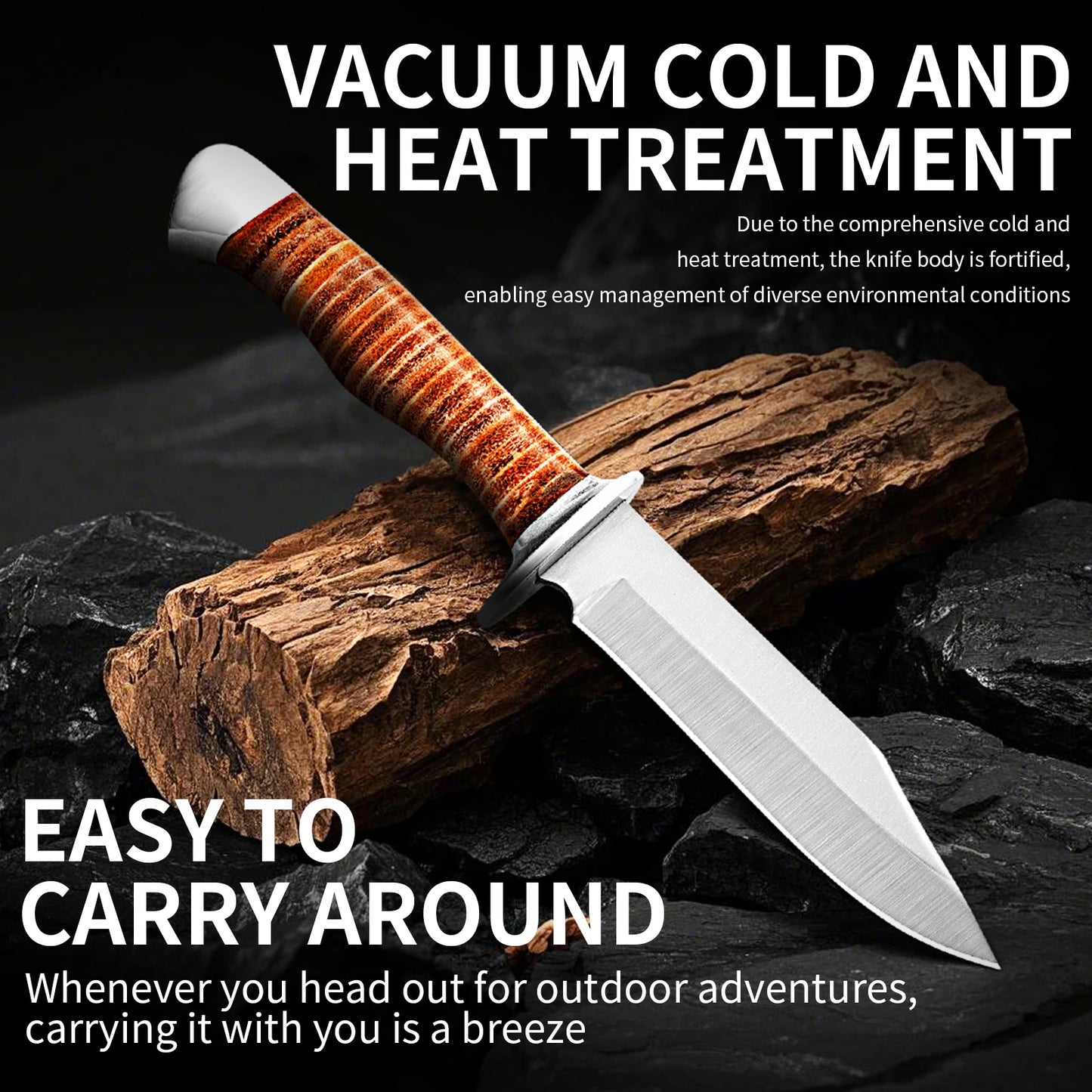Outdoor multi-purpose knife with anti-slip handle, stainless steel hand-forged blade, essential for wilderness survival.