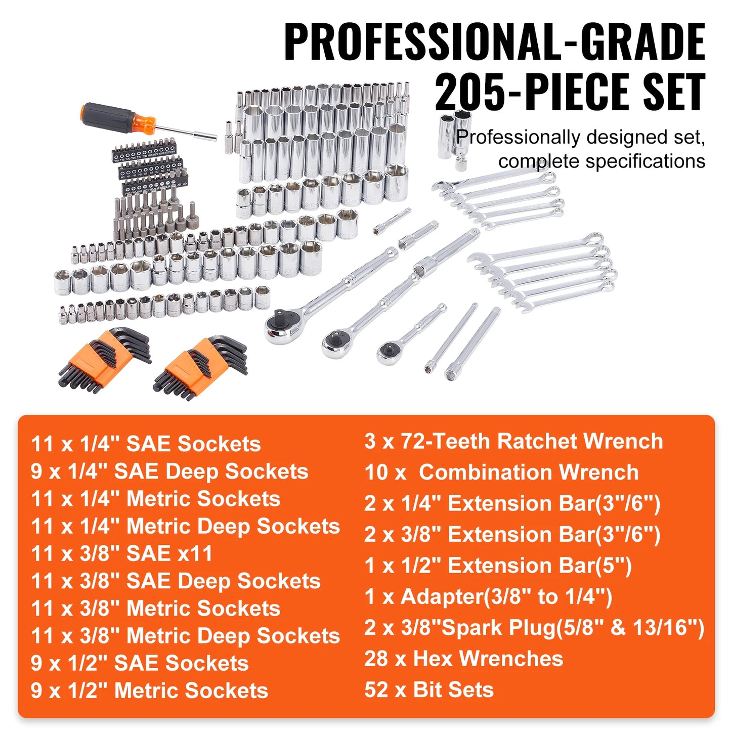 VEVOR Mechanics Tool Set and Socket Set Deep and Standard Sockets 145/205 Pcs SAE and Metric Mechanic Tool Kit with Bits