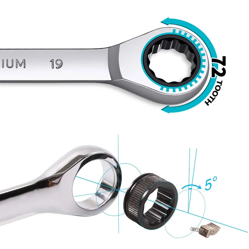 Ratcheting Combination Wrench Set,12 Point Box End and Open End Wrench Set spanner Fit for Garage,Home DIY, Repair,Maintenance