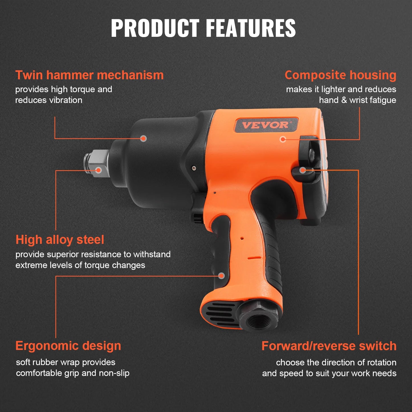 VEVOR Air Impact Wrench 3/4" Square Drive 1870ft-lbs Nut-busting Torque Air Impact Gun Composite Pneumatic Gun for Auto Repairs