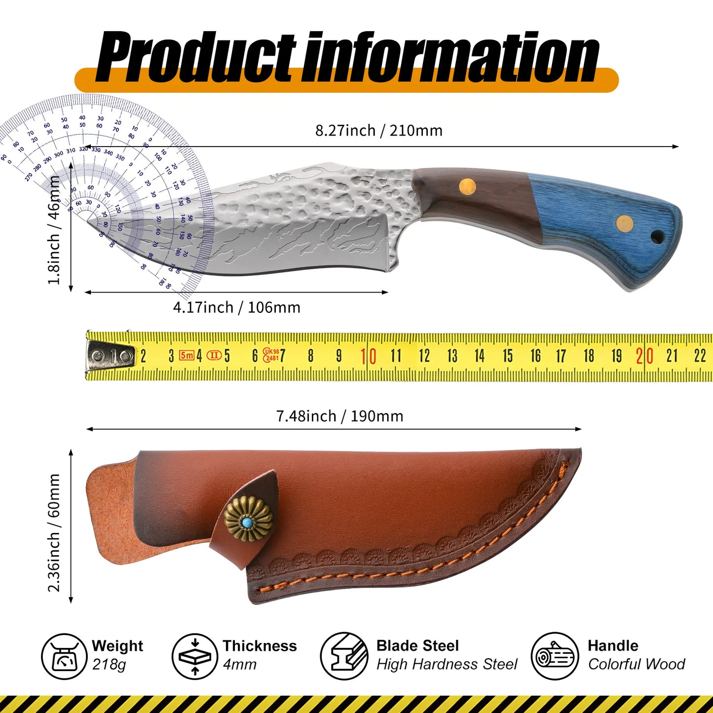 Damascus advanced straight knife, fixed blade, wooden handle and leather scabbard, easy to carry, fast cutting, loved by men