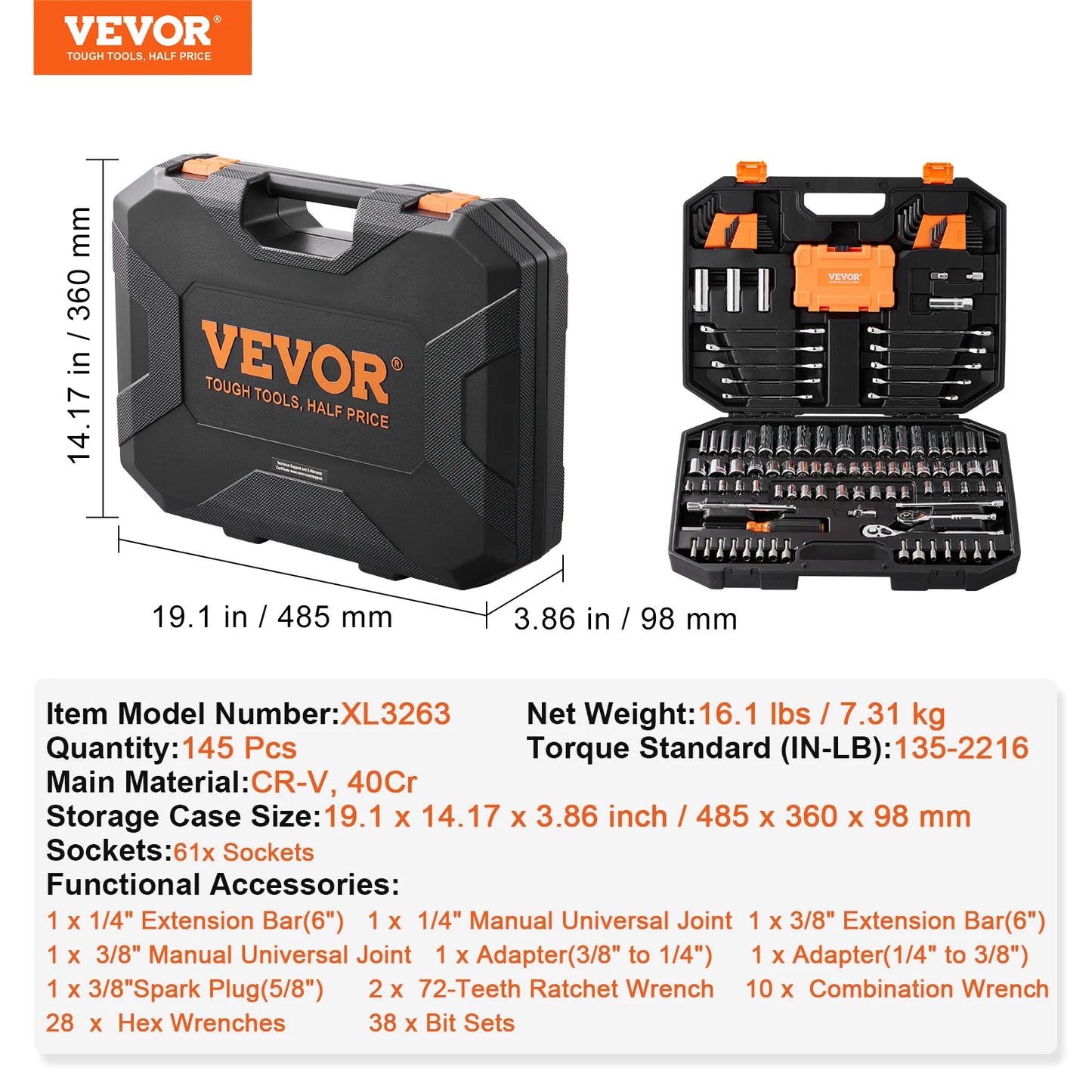VEVOR Mechanics Tool Set and Socket Set Deep and Standard Sockets 145/205 Pcs SAE and Metric Mechanic Tool Kit with Bits