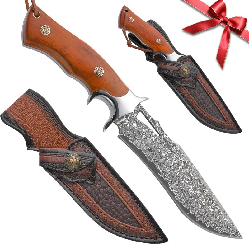 Damascus advanced straight knife, fixed blade, wooden handle and leather scabbard, easy to carry, fast cutting, loved by men