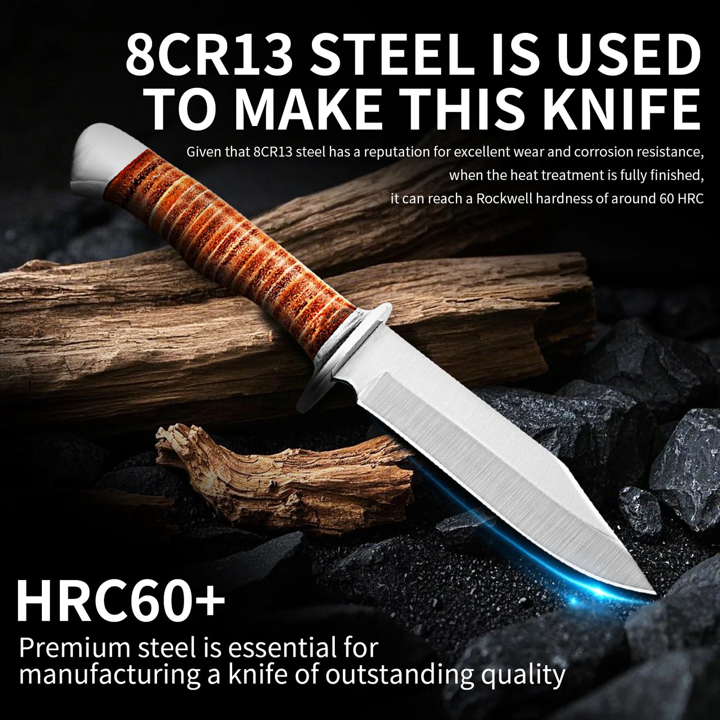 Outdoor multi-purpose knife with anti-slip handle, stainless steel hand-forged blade, essential for wilderness survival.