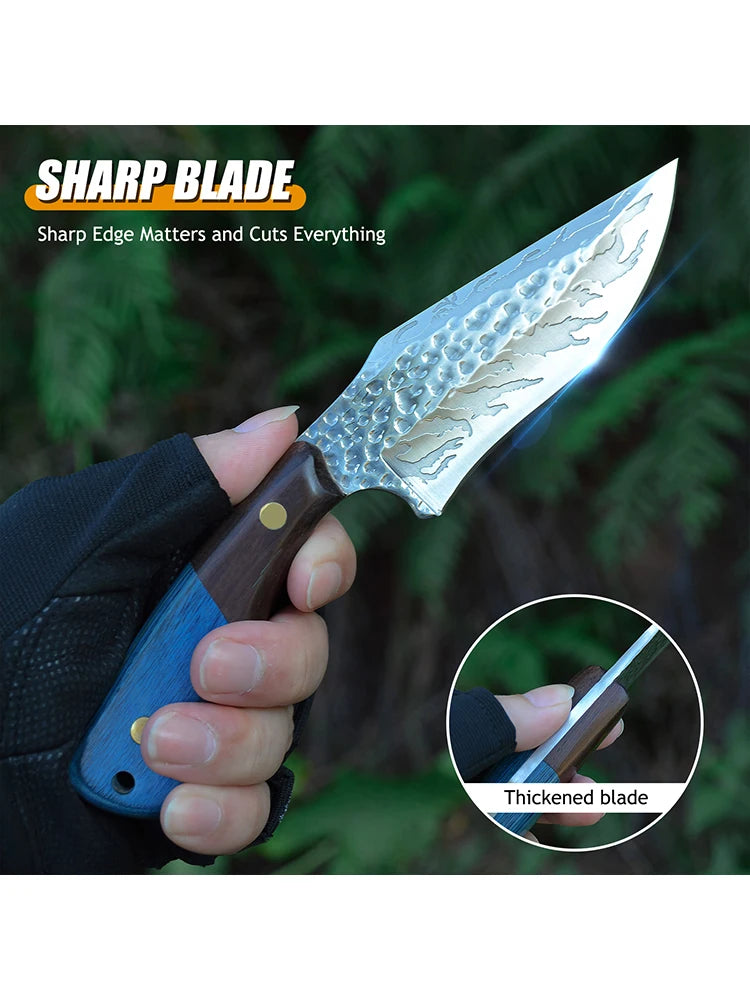 Damascus advanced straight knife, fixed blade, wooden handle and leather scabbard, easy to carry, fast cutting, loved by men