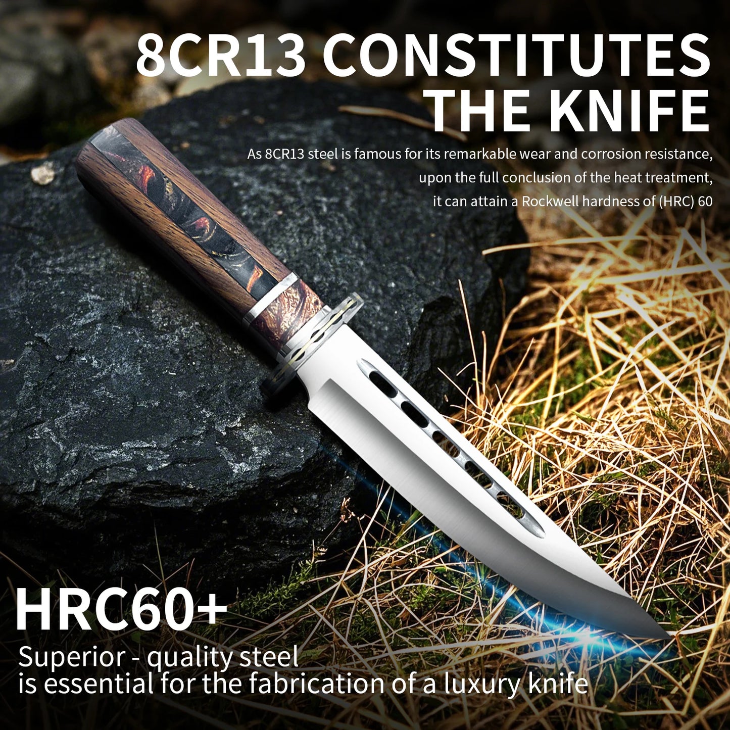 Outdoor tactical straight knife with wooden handle, featuring a nylon sheath—ideal for wilderness expeditions.
