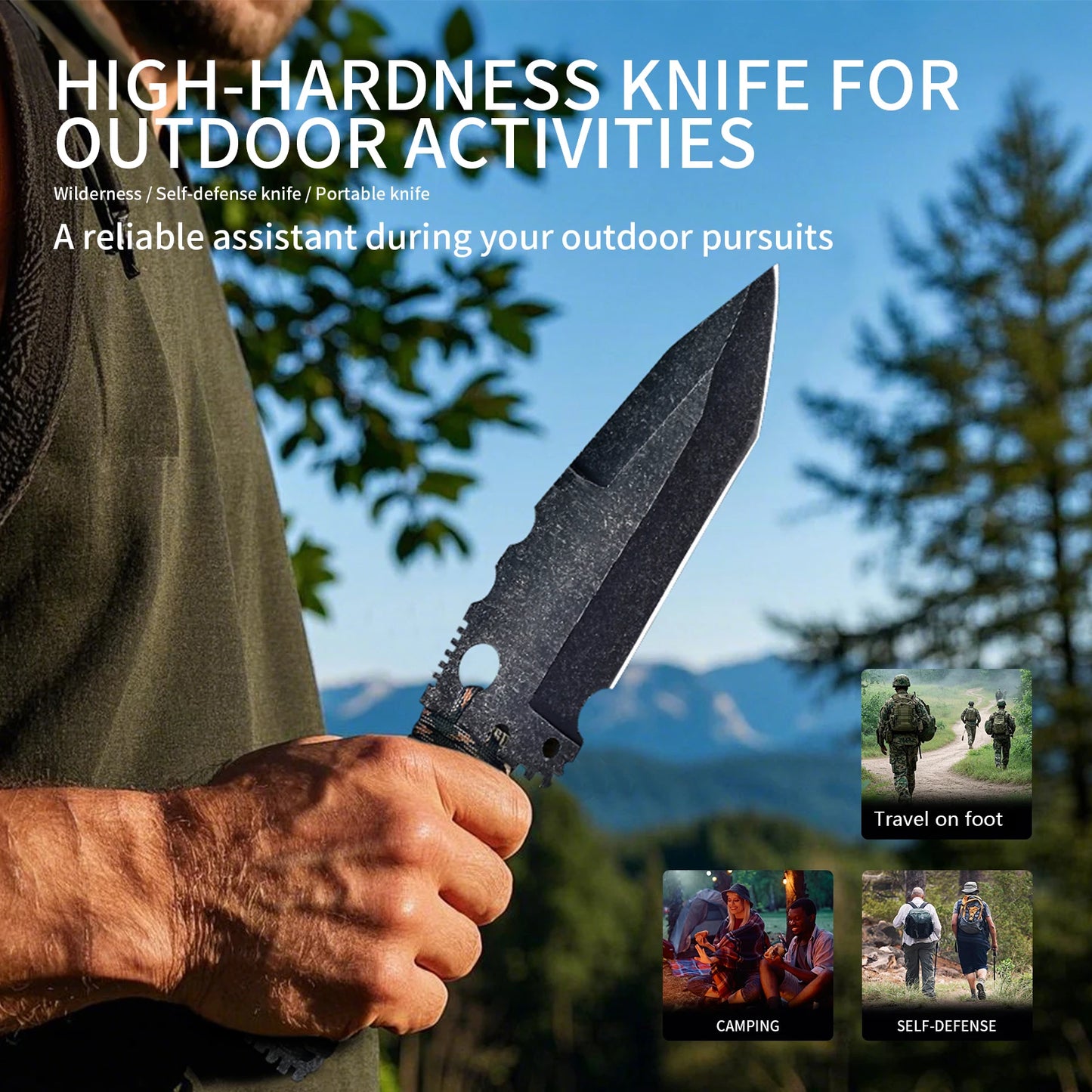 Outdoor multi-functional sharp knives camping mountaineering defense tactical equipment high hardness straight knife