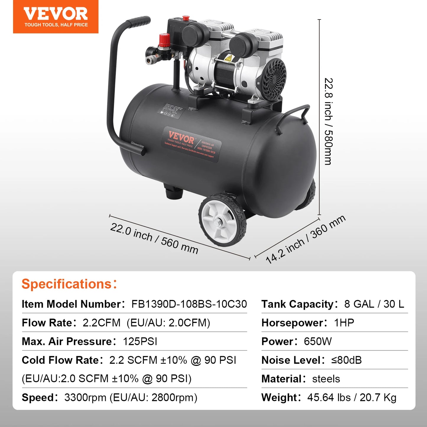 VEVOR Air Compressor 750W/1450W/3000W Oil Free Air Compressor Quiet Portable Compressor Pump for Auto Repair Tire Inflation Home