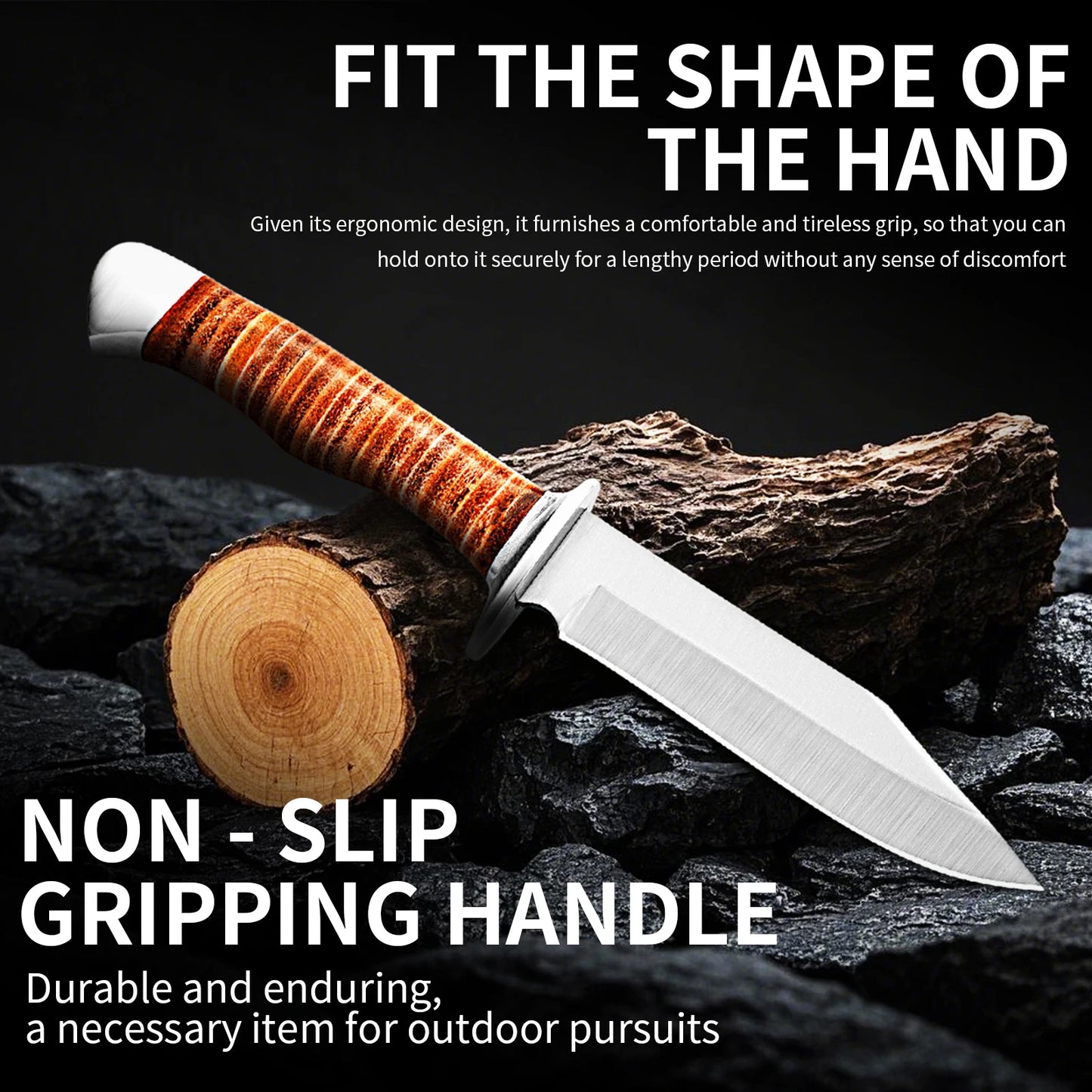 Outdoor multi-purpose knife with anti-slip handle, stainless steel hand-forged blade, essential for wilderness survival.