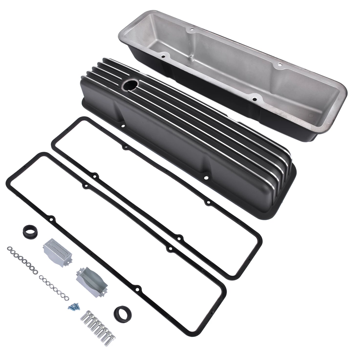 AP02 Aluminum Polished Finned Tall Valve Covers for Chevy SBC Small Block 283 Black
