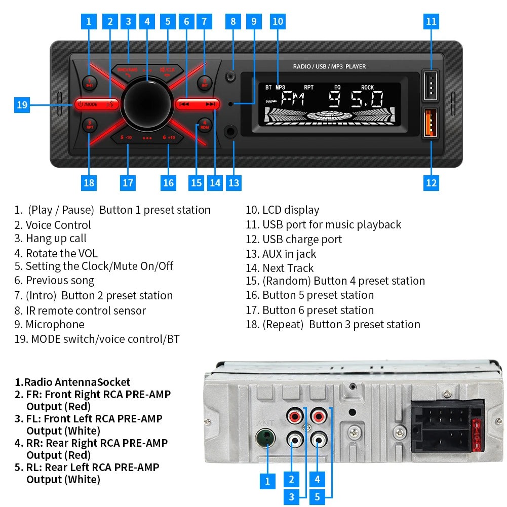 1 Din MP3 Car Radio Multimedia Player Audio FM Radio Support Phone Charging Bluetooth EQ AUX USB Red Color Button Light