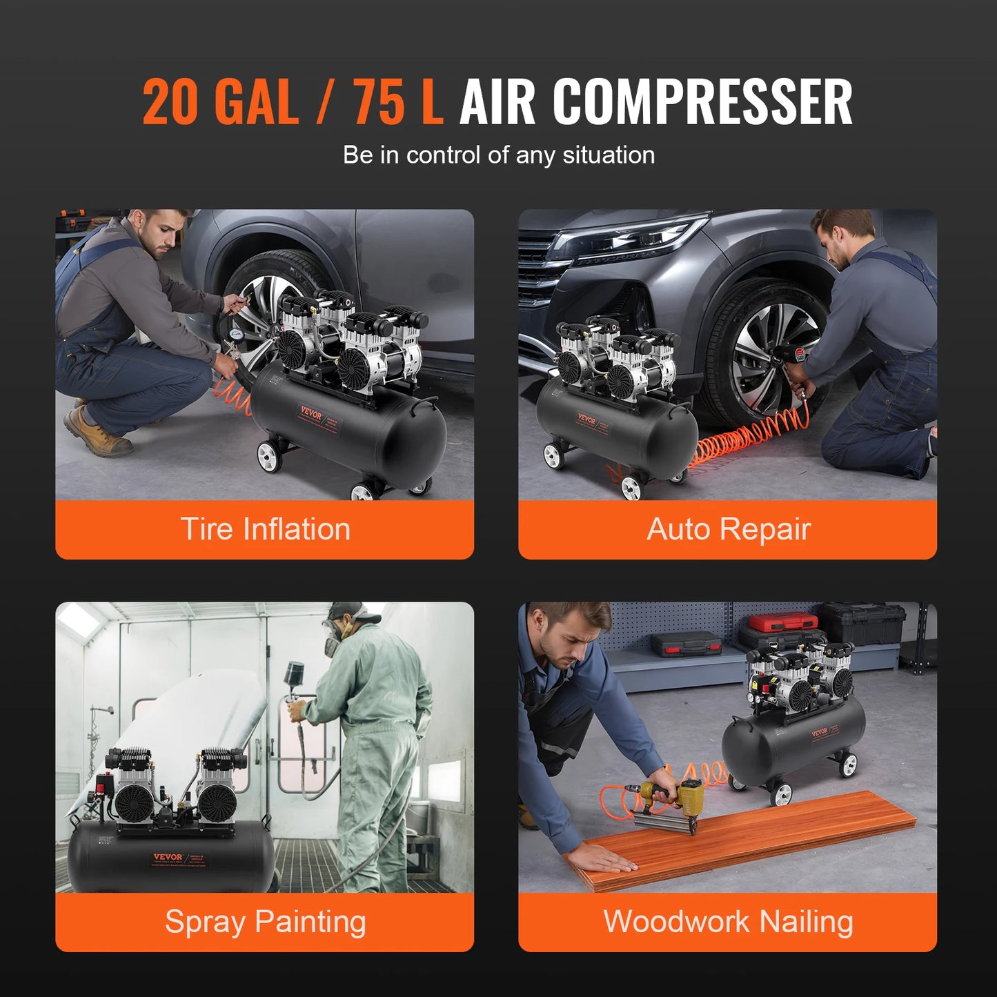 VEVOR Air Compressor 750W/1450W/3000W Oil Free Air Compressor Quiet Portable Compressor Pump for Auto Repair Tire Inflation Home