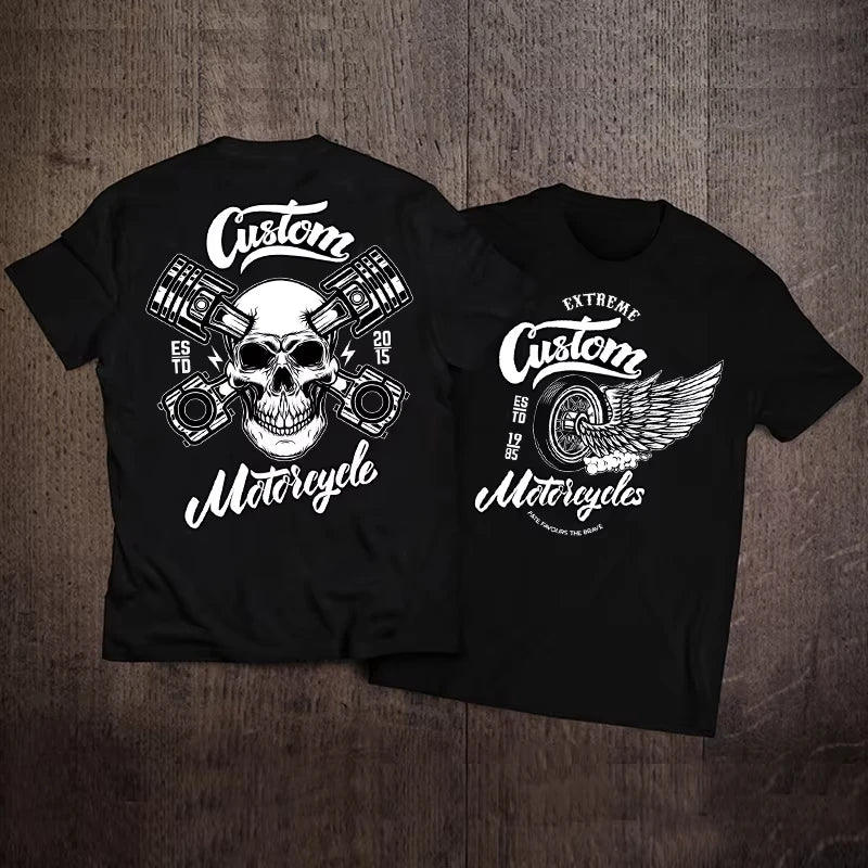 2025 Summer Hot Sale Retro Motorcycle Print T-shirt Rock Skull Trend Short Sleeve Tee Pure Cotton Loose and Form-fitting T-shirt