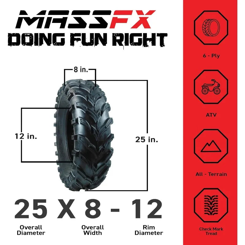 Set of 4 New ATV/UTV Tires 2 of 25x8-12 Front and 2 of 25x10-12 Rear /6PR P377