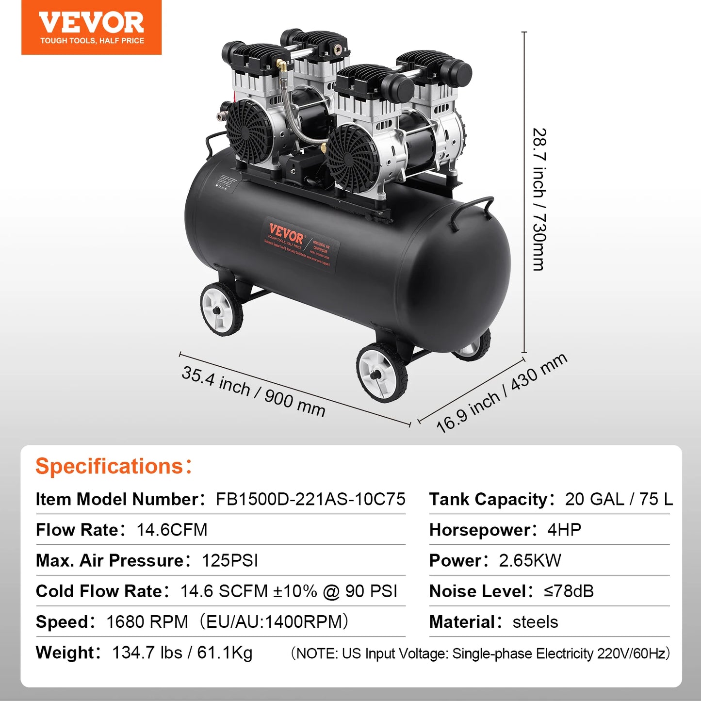 VEVOR Air Compressor 750W/1450W/3000W Oil Free Air Compressor Quiet Portable Compressor Pump for Auto Repair Tire Inflation Home