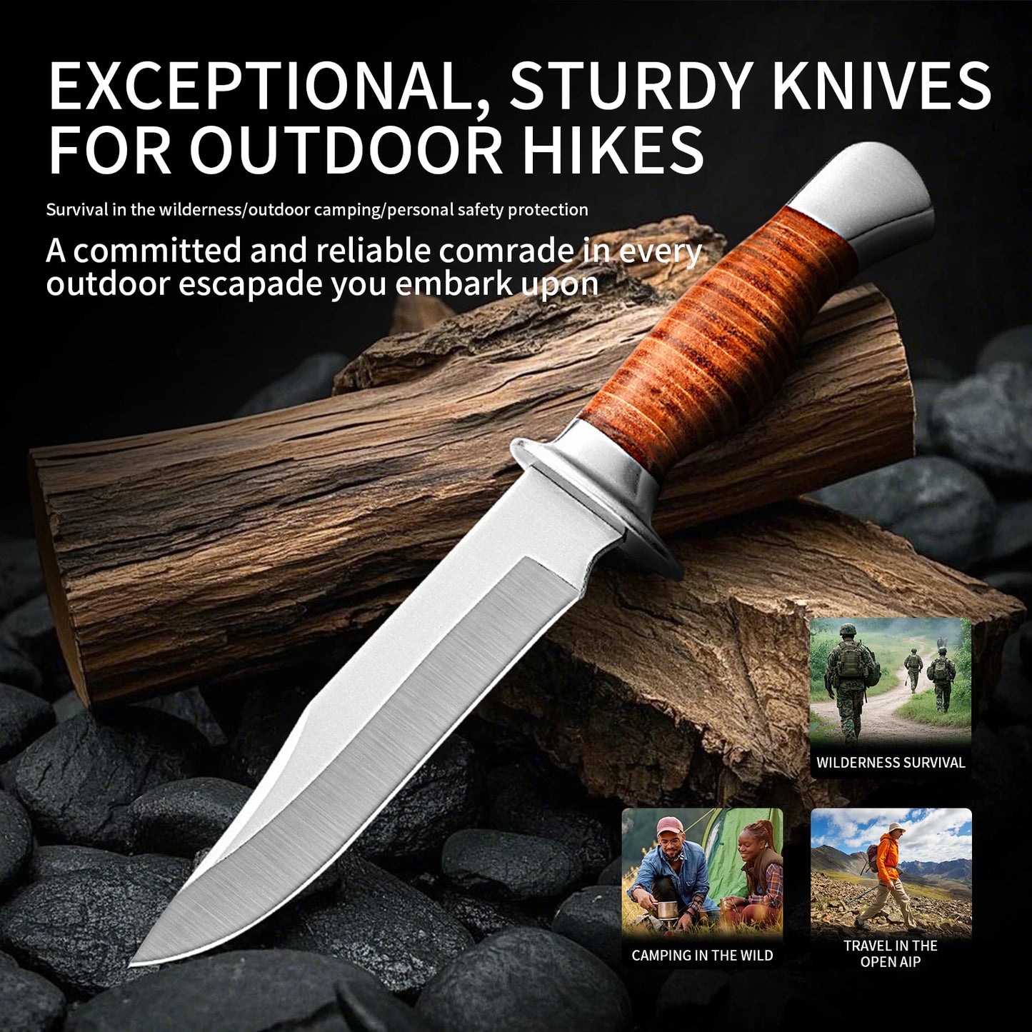 Outdoor multi-purpose knife with anti-slip handle, stainless steel hand-forged blade, essential for wilderness survival.