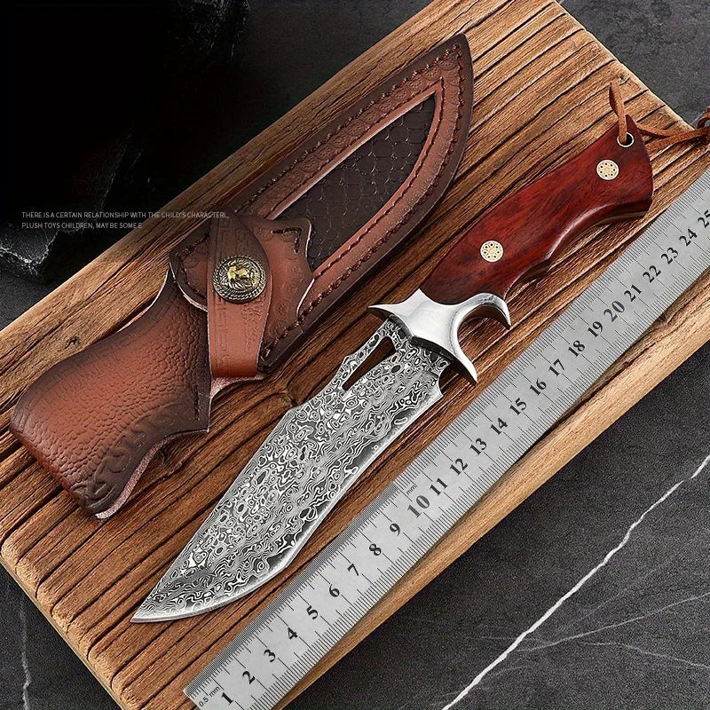 Damascus advanced straight knife, fixed blade, wooden handle and leather scabbard, easy to carry, fast cutting, loved by men