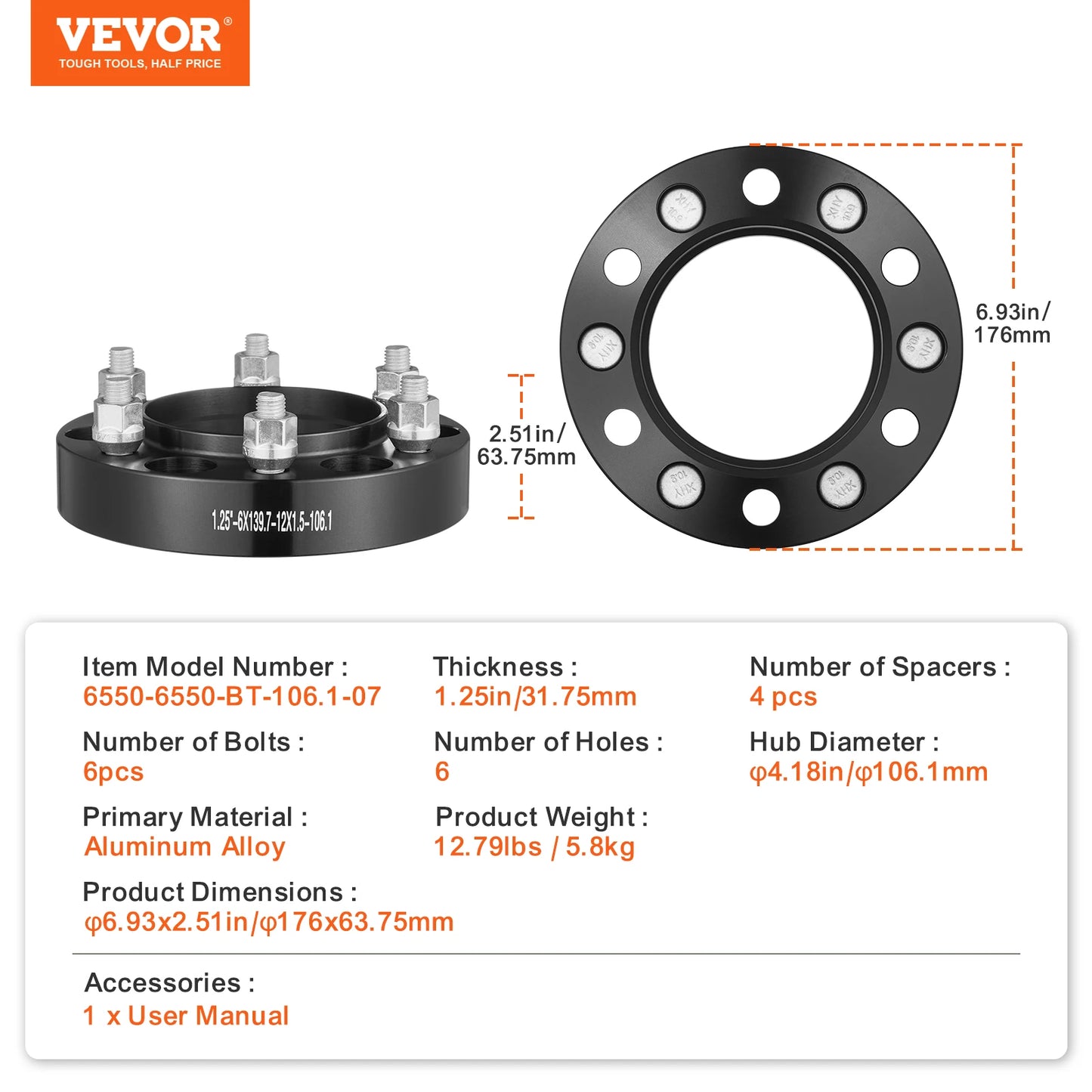 VEVOR Wheel Spacers 1.25" 6"x5" Wheel Adapters 6 Lug Forged Spacer 106.1 mm Fit for 1979-2023 Toyota and Lexus 4 PCS Blue