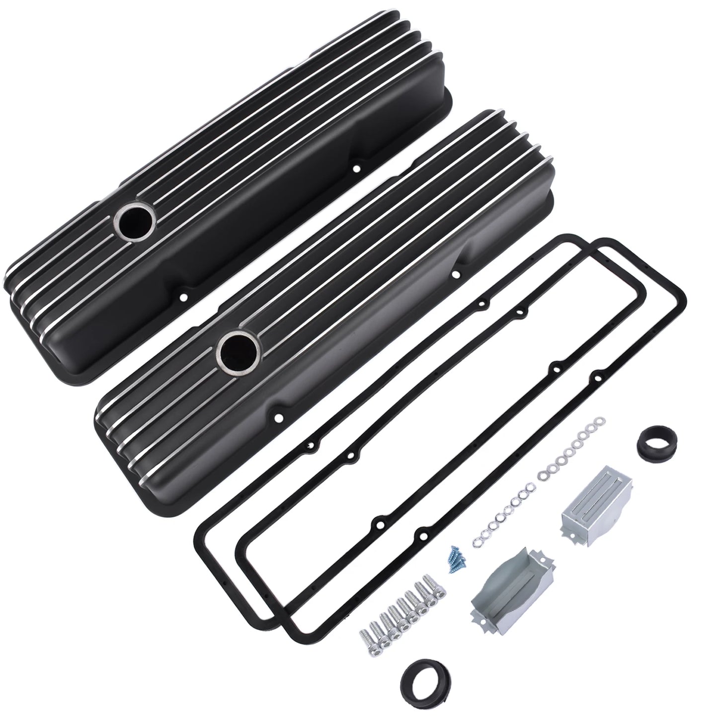 AP02 Aluminum Polished Finned Tall Valve Covers for Chevy SBC Small Block 283 Black
