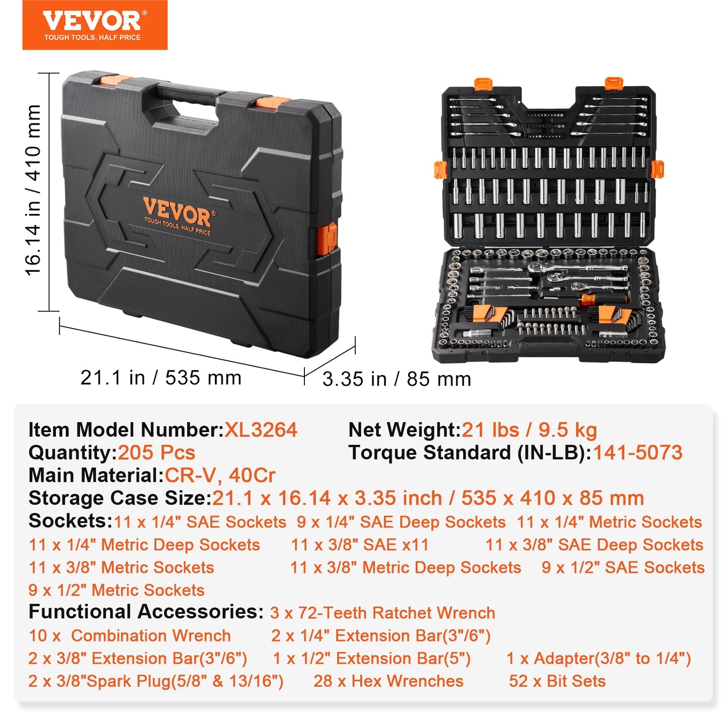 VEVOR Mechanics Tool Set and Socket Set Deep and Standard Sockets 145/205 Pcs SAE and Metric Mechanic Tool Kit with Bits