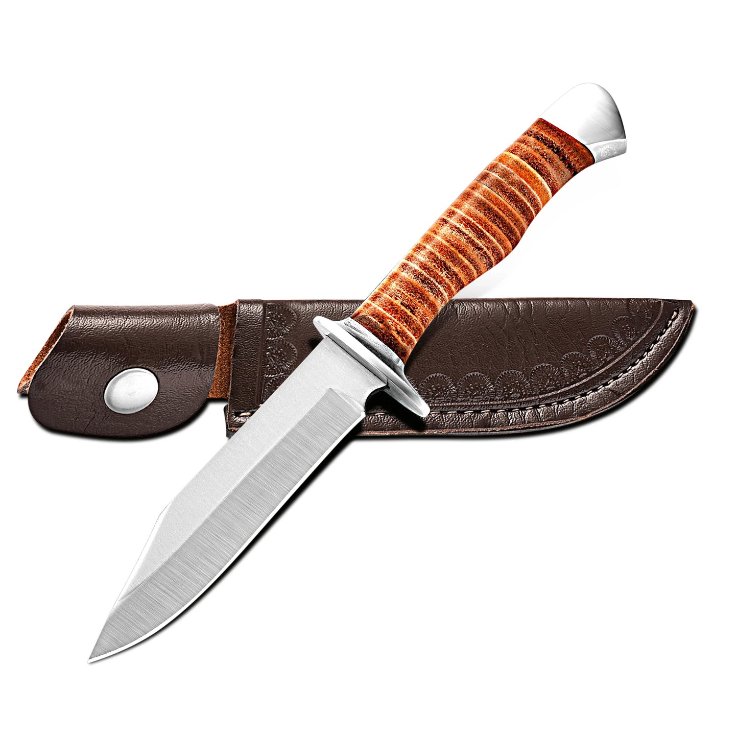 Outdoor multi-purpose knife with anti-slip handle, stainless steel hand-forged blade, essential for wilderness survival.