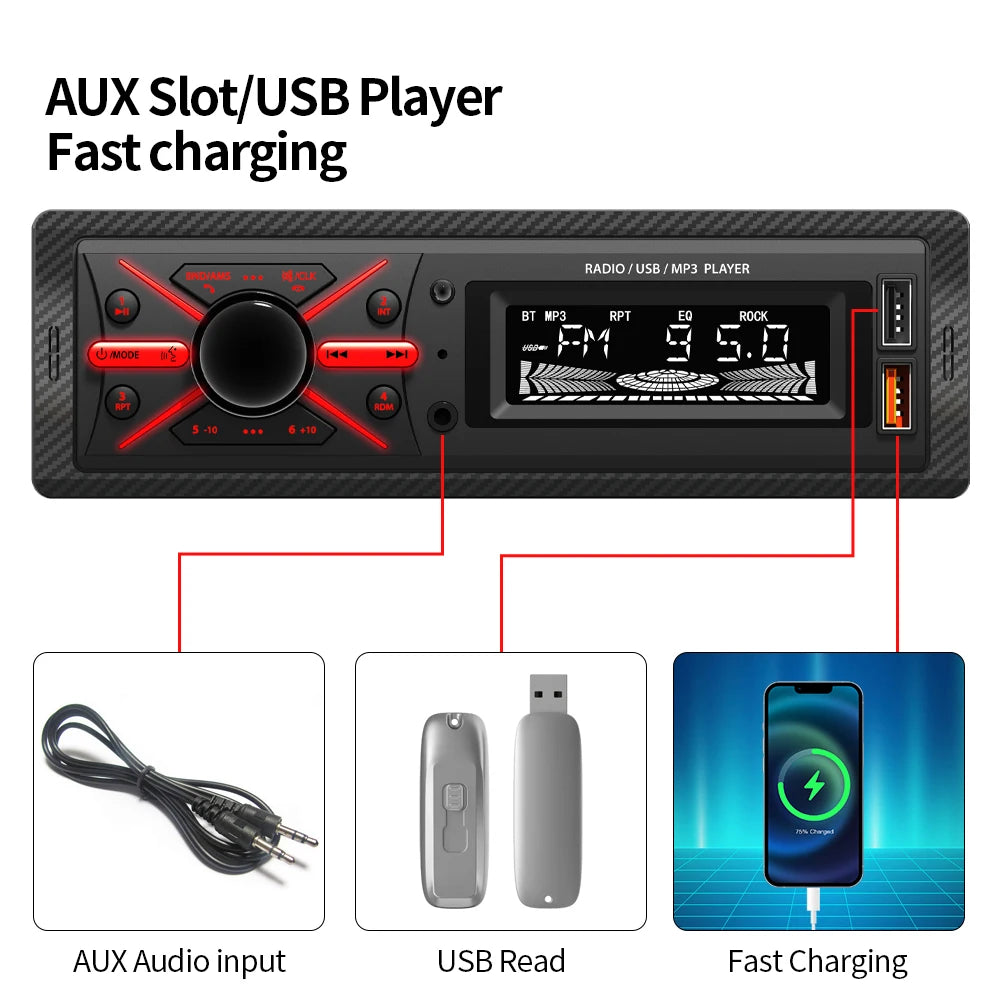 1 Din MP3 Car Radio Multimedia Player Audio FM Radio Support Phone Charging Bluetooth EQ AUX USB Red Color Button Light