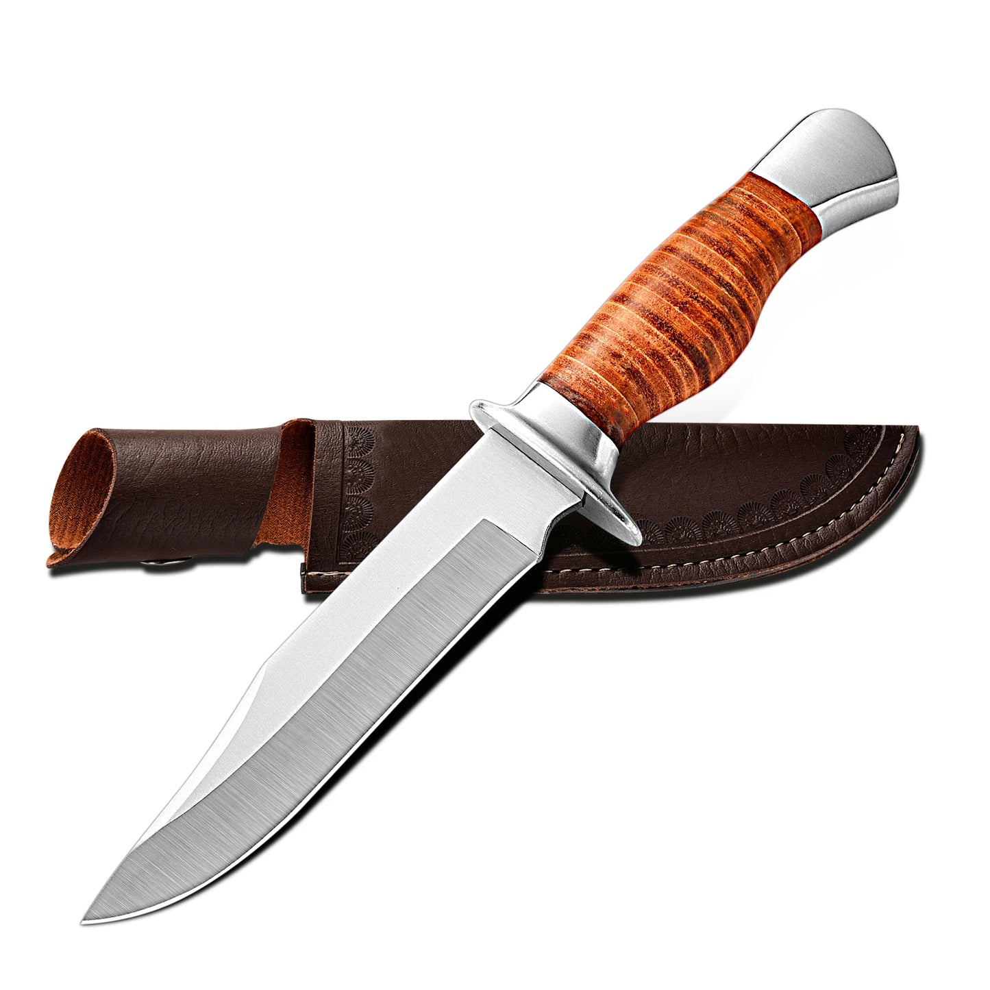 Outdoor multi-purpose knife with anti-slip handle, stainless steel hand-forged blade, essential for wilderness survival.