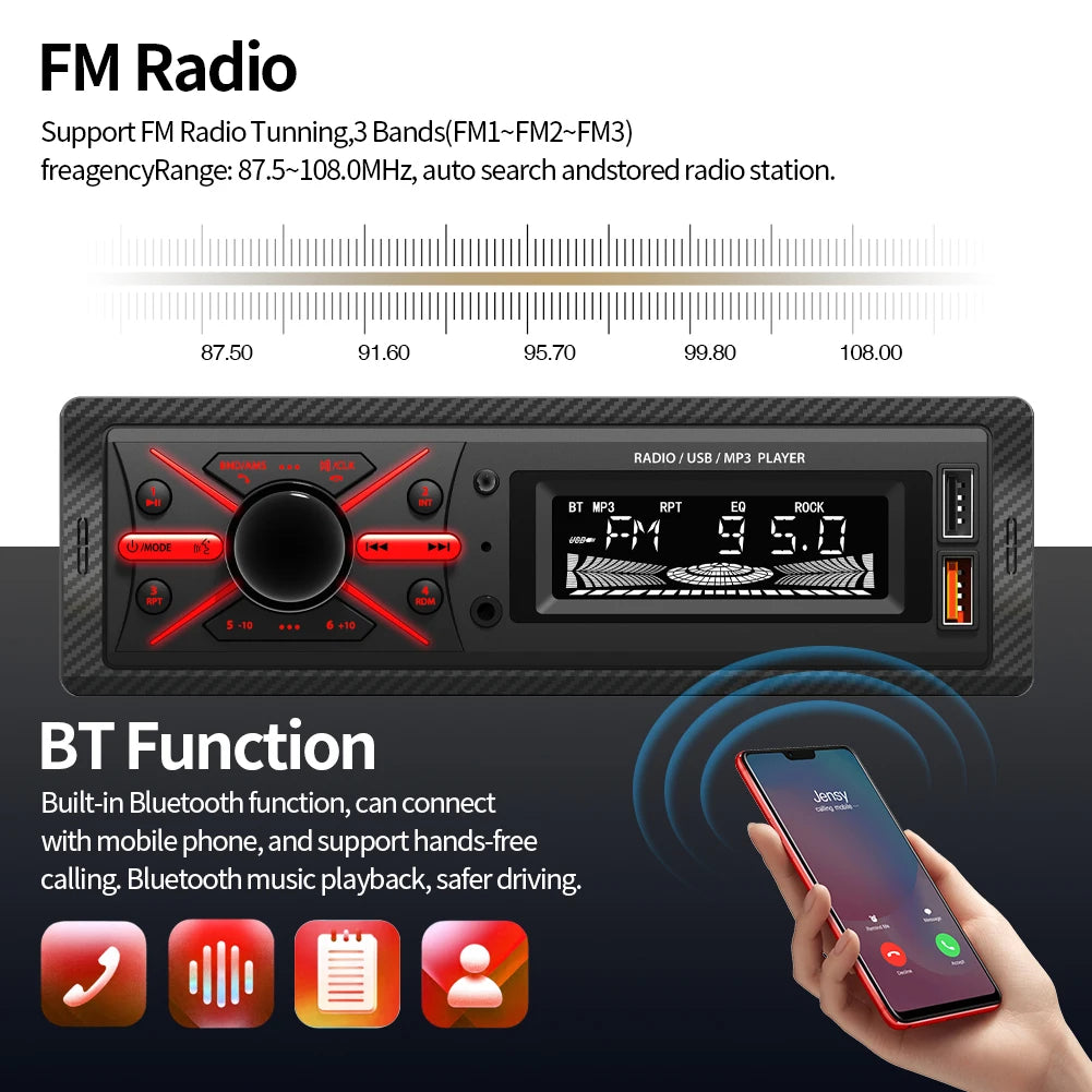 1 Din MP3 Car Radio Multimedia Player Audio FM Radio Support Phone Charging Bluetooth EQ AUX USB Red Color Button Light
