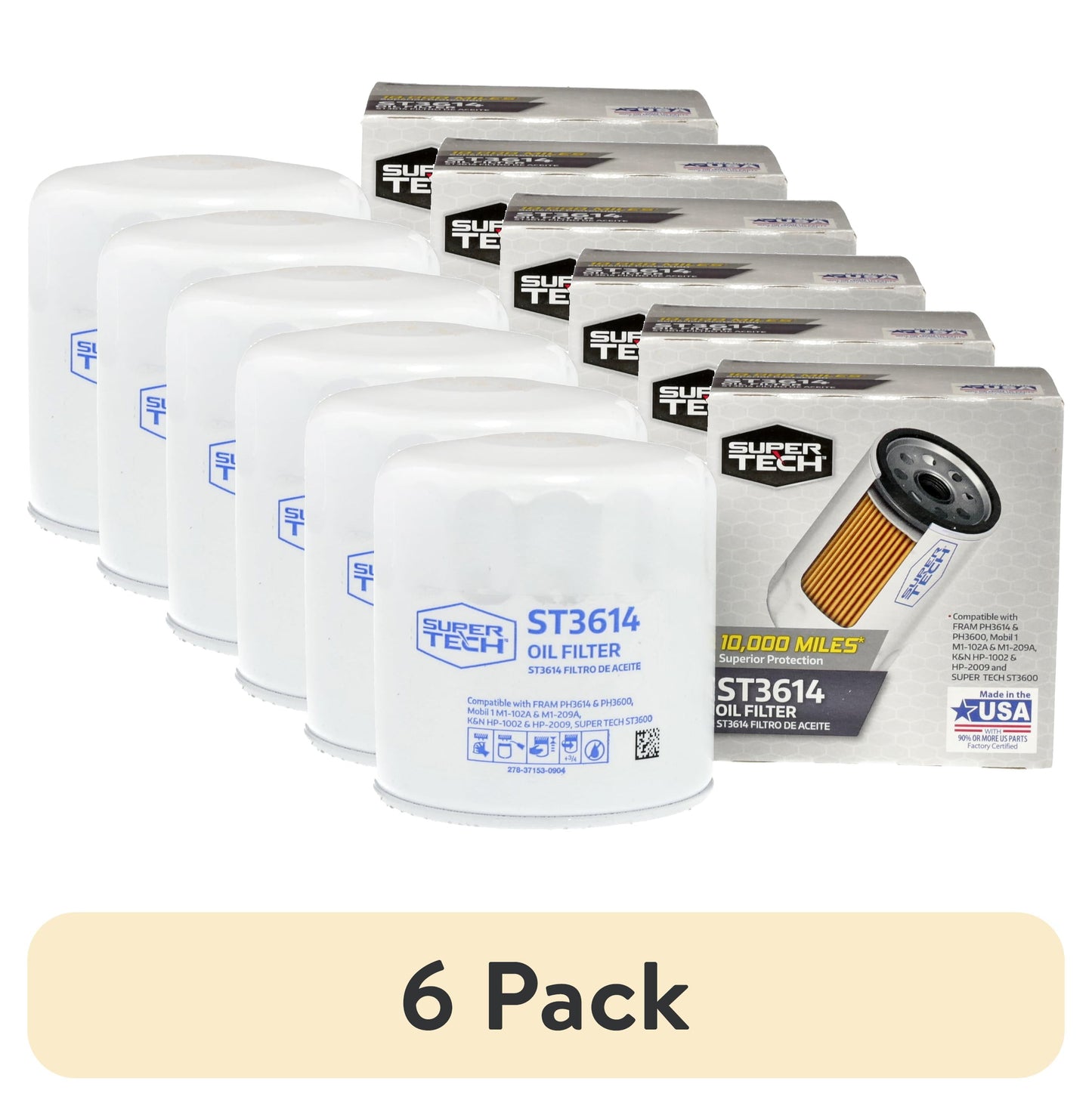 (6 Pack) ST3614, 10K Mile Spin-On Replacement Oil Filter for Select Ford Vehicles