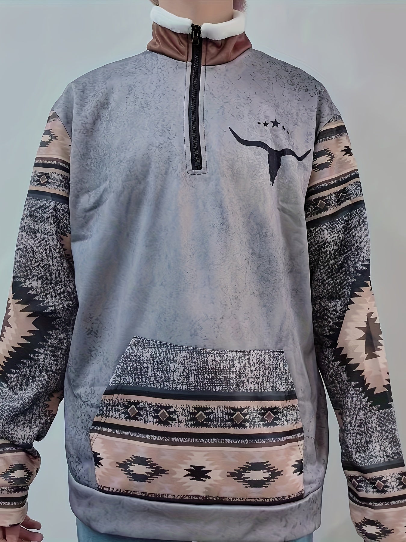 Men's Vintage Print Casual Long Sleeve 1/4 Zip Cowboy Sweatshirt, Western Aztec Fleece Pullover Sweatshirt, Winter Fall