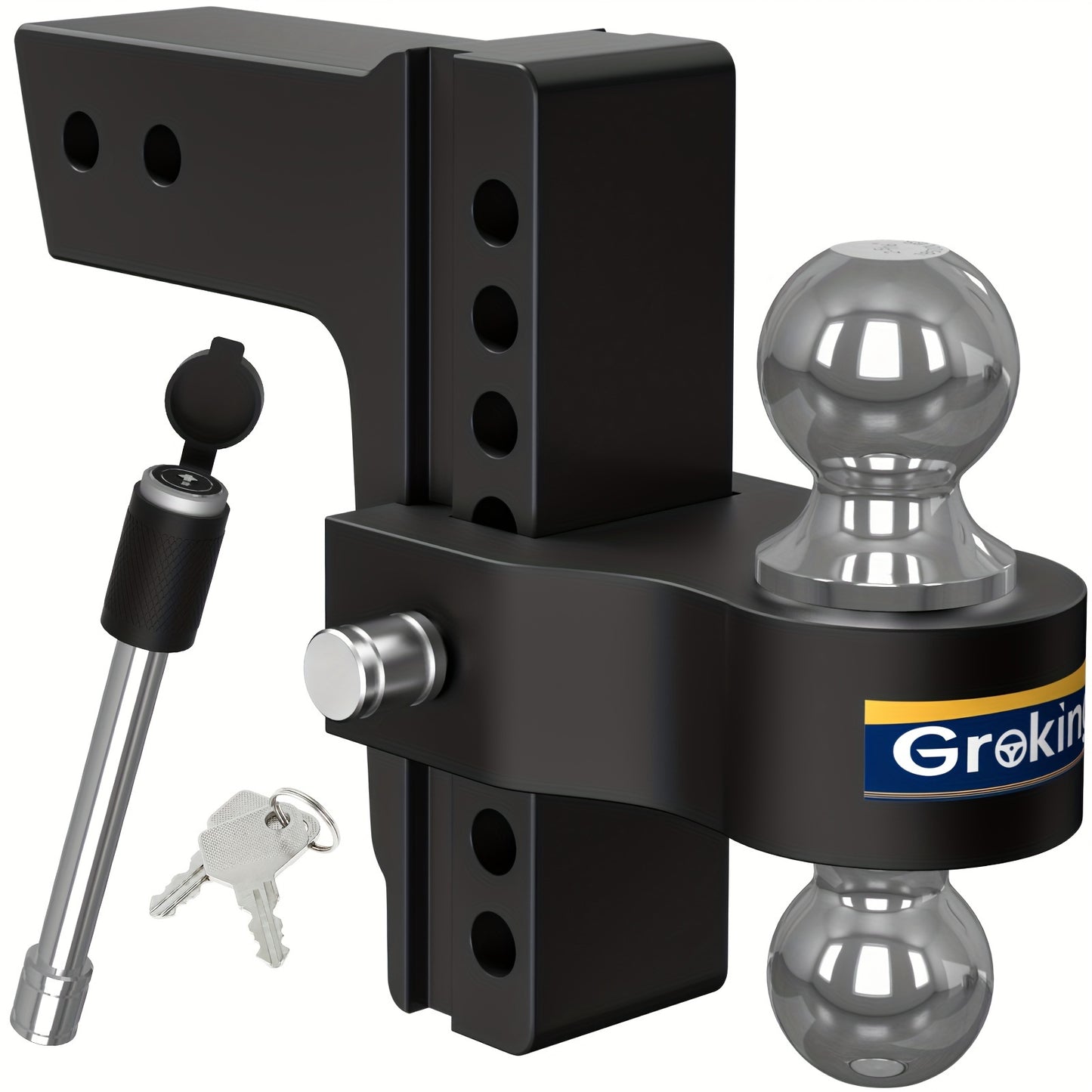 Adjustable Trailer Hitch Ball Mount, Fits 2.5" Receiver, 7 Inch Drop Hitch, 18,500 LBS, 2 Inch & 2-5/16 Inch Steel Dual Ball Hitch, Black Forged Solid Aluminum Hitch with Dual Hitch Pin Lock