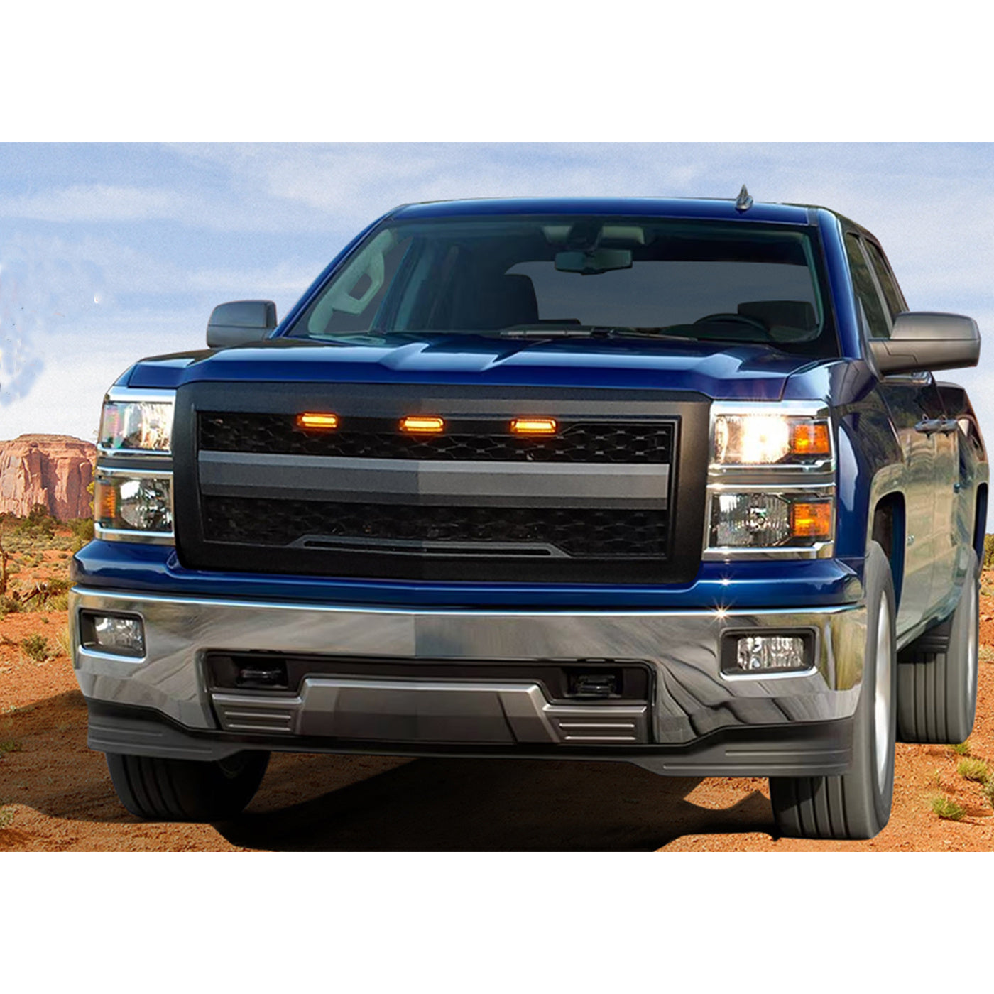 For Chevy For Silverado 1500 14-15 Front Bumper Hood Mesh Grille Guard with Amber Signal Light Gloss Black