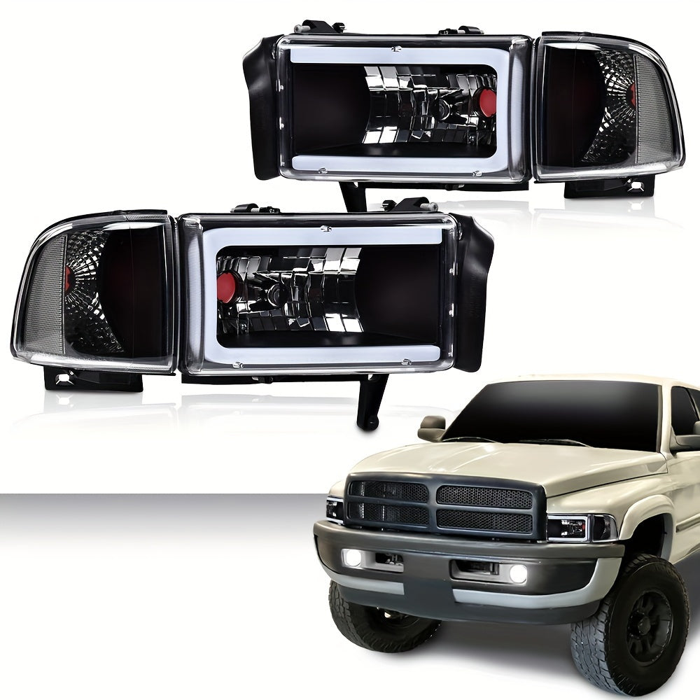LED Light Strip Headlight W/o Bulbs Fit For Dodge For Ram 1500 1994-2001 For Dodge For Ram 2500 For 3500 1994-2002 Clear Lens Black Housing Clear Reflector