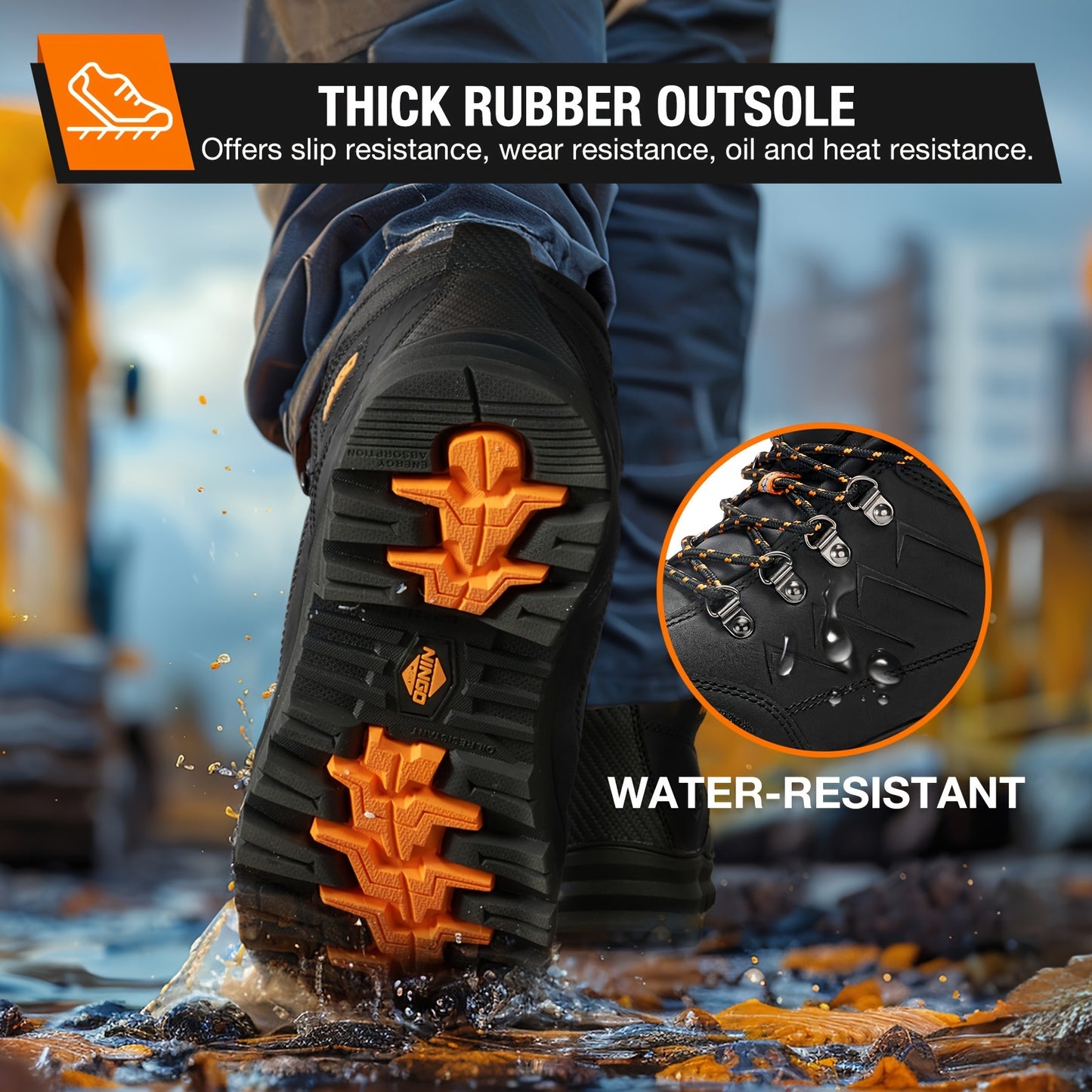 NINGO Men's Steel Toe Work Boots, Full Grain, Oil And Slip Resistant, Puncture Proof Construction Boots With Breathable Lining, Anti-static, Mens Safety Boots For Industrial, Warehouse