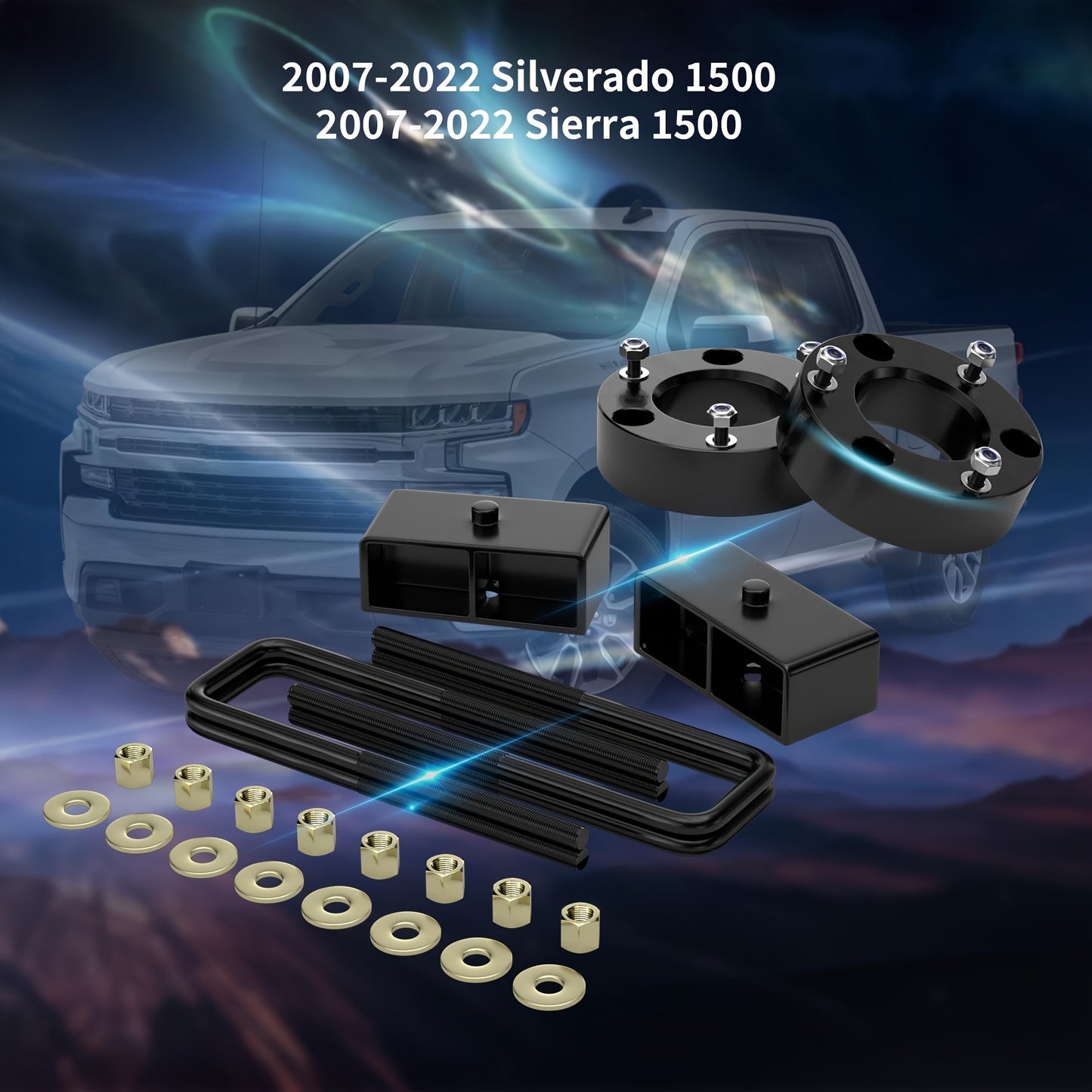 2.5" Front And 2" Rear Leveling Lift Kits for 2007-2023 pickup truck Sierra 1500, 2.5inch Front Strut Spacers And 2inch Rear Lift Blocks with Extended U Bolts