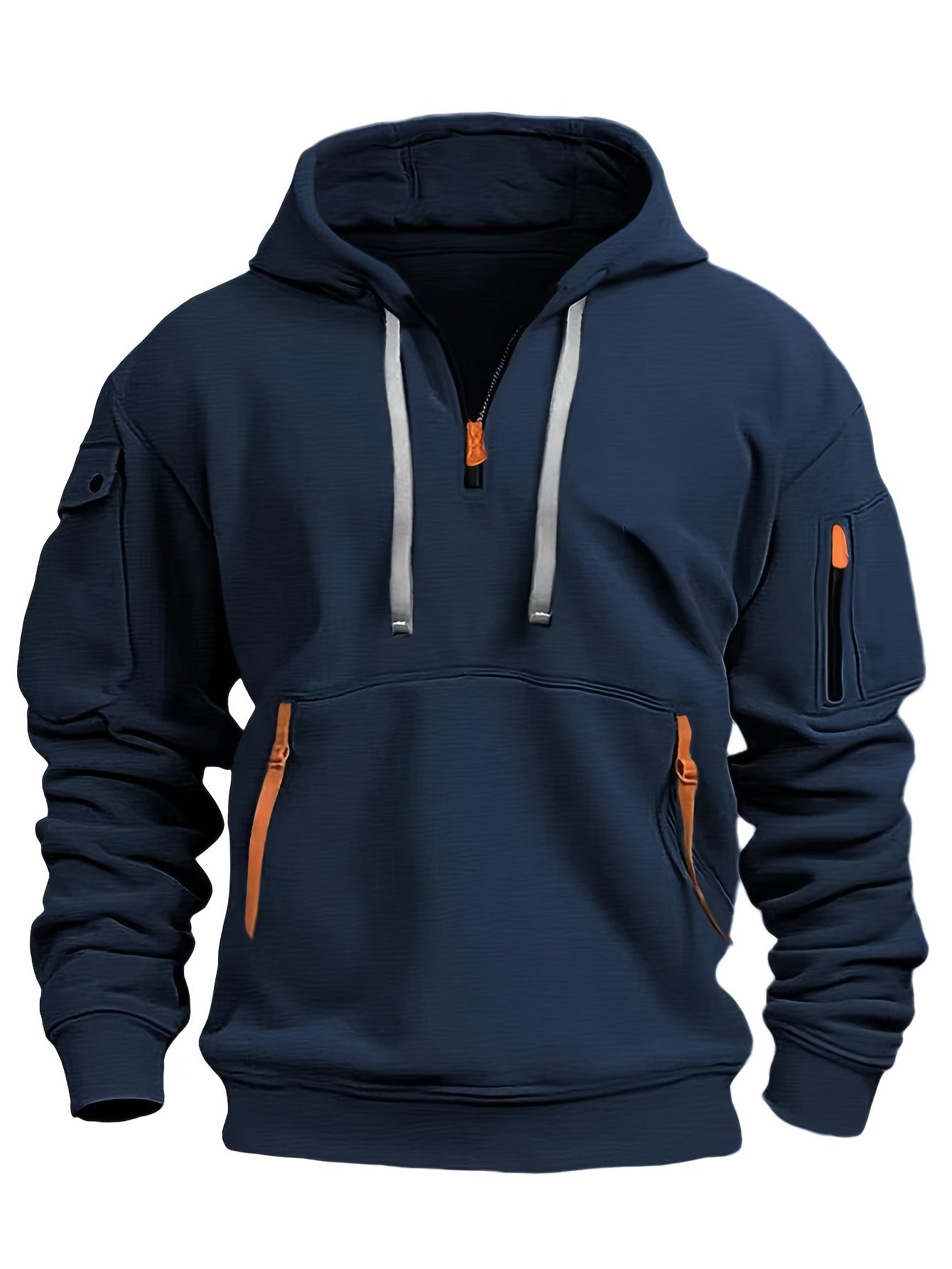 Men's Hooded Active Sweatshirt with Arm Pocket Zip Details - 100% Polyester Sports Style Pullover - Solid Color, Regular Fit Long Sleeve with Slight Stretch Knit Fabric