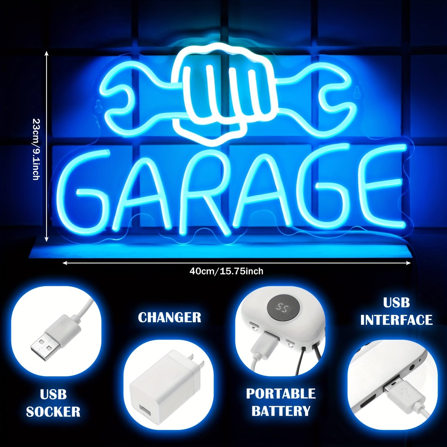 Neon Sign "GARAGE" with Wrench, 3D Wall Decor, USB Powered, Button Control, No Battery, Home Lighting & Novelty Decor, Multi-Purpose Room Decoration