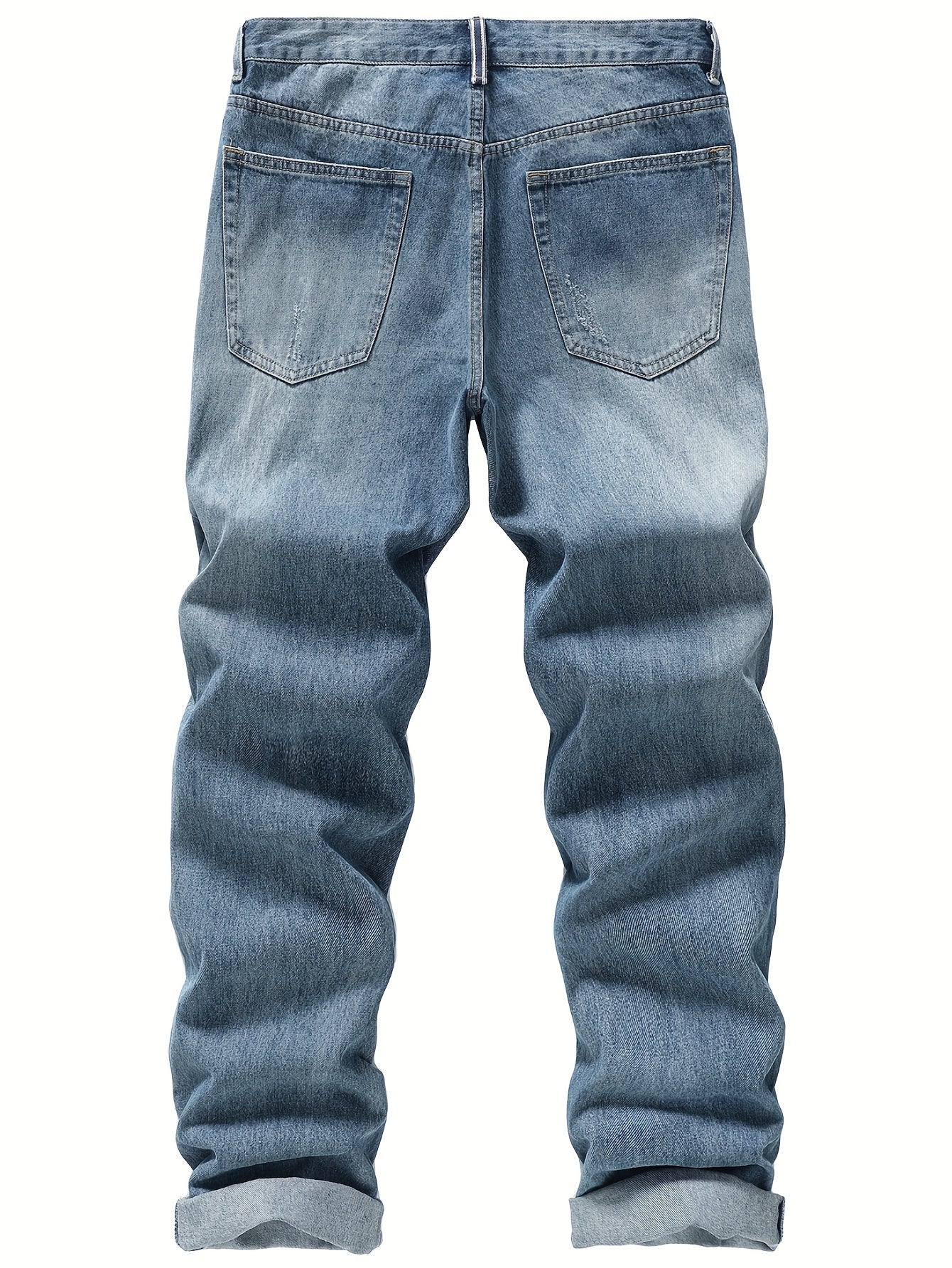 Men's Non-Stretch Ripped Regular Fit Straight-Leg Denim Pants Jeans