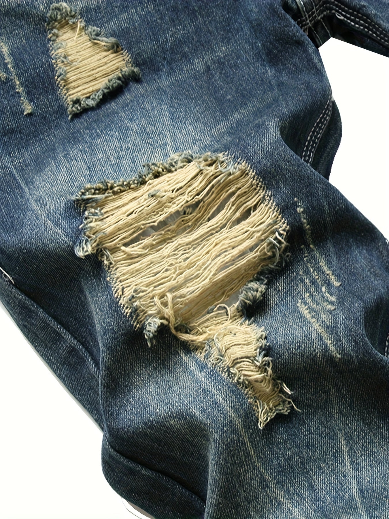 Men's dark blue ripped jeans without elastic slim casual